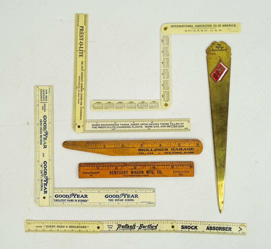Advertising Lot: Early advertising lot including: Celluloid rulers (Good Year, Truffauk-Hartford, International Harvester, Prest-O-Lite, brass letter opener "THE AUTOMOBILE TRADE DIRECTORY", (2) wooden rulers. Good
