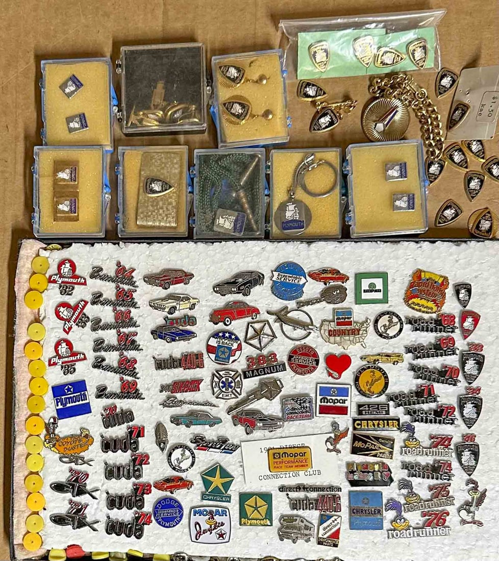 Lapel Pins Lot: Collection of lapel pins, Mopar related including Road Runner, Cuda, Barracuda and others.