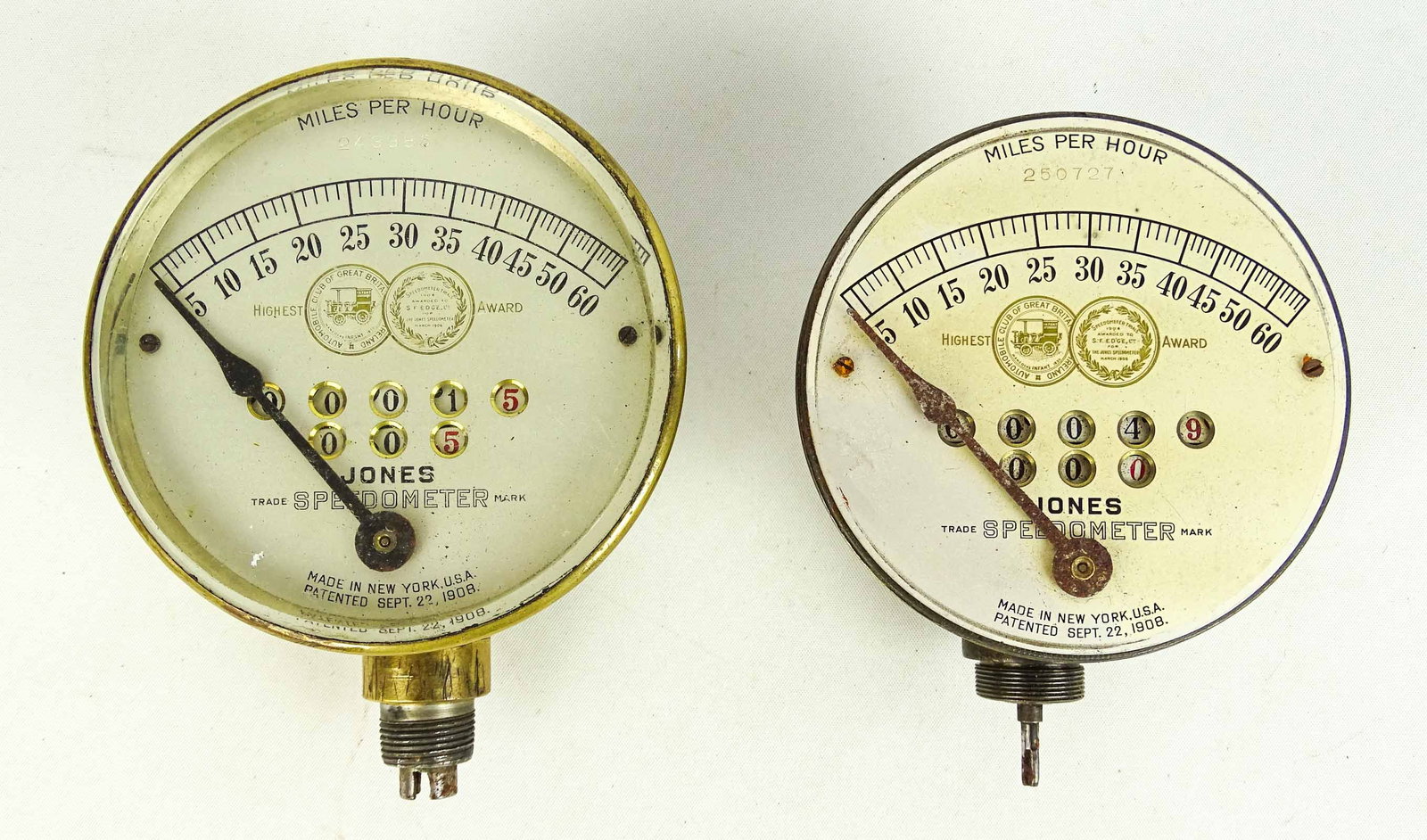 Jones Speedometers: Lot (2) Jones Speedometers. One missing bezel. 60MPH. Good condition.