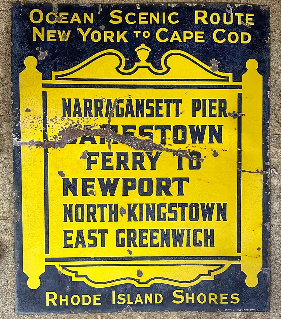 Sign: Rhode Island shore resort porcelain sign, double sided, different text on each side, highlights summer beach areas,Ferry to Newport, etc, 30 x 36, ca early 1900's, makers name in lower right.