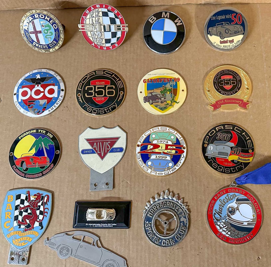 European Badges: Fifteen European related badges, club, events, etc, Porsche, Alfa, original, BARC members badge, etc..