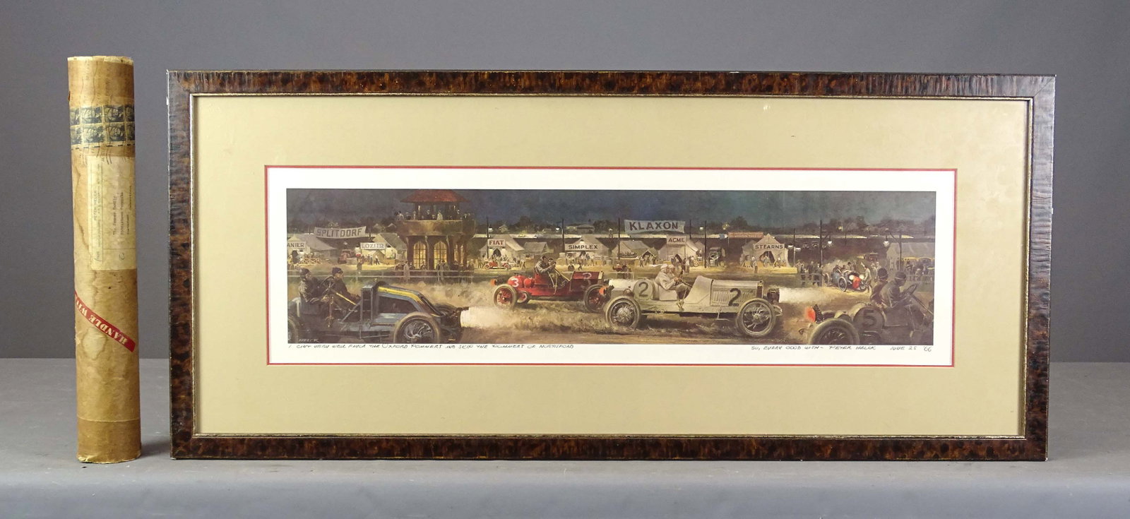 Peter Helck Signed Print: Peter Helck signed print with original mailing tube and letter from Helck attached verso. Titled "I Can't Very Well Favor The Oxford Pommers And Skip The Dommers Of Northford". Overall in frame 18" x
