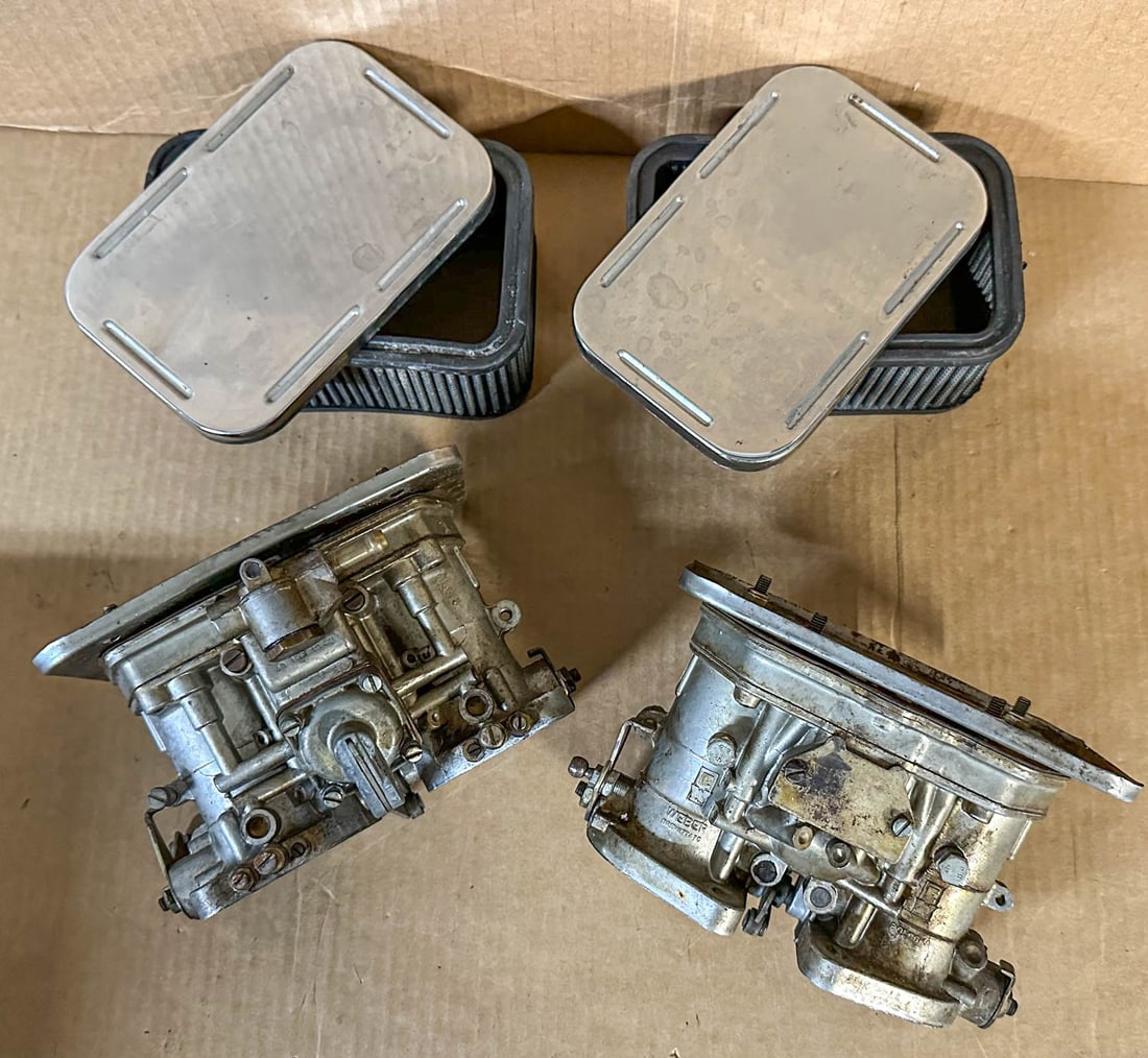 Porsche Lot: Porsche 356 Super 90 Weber 40 DF carburetors and air cleaners, used pair.