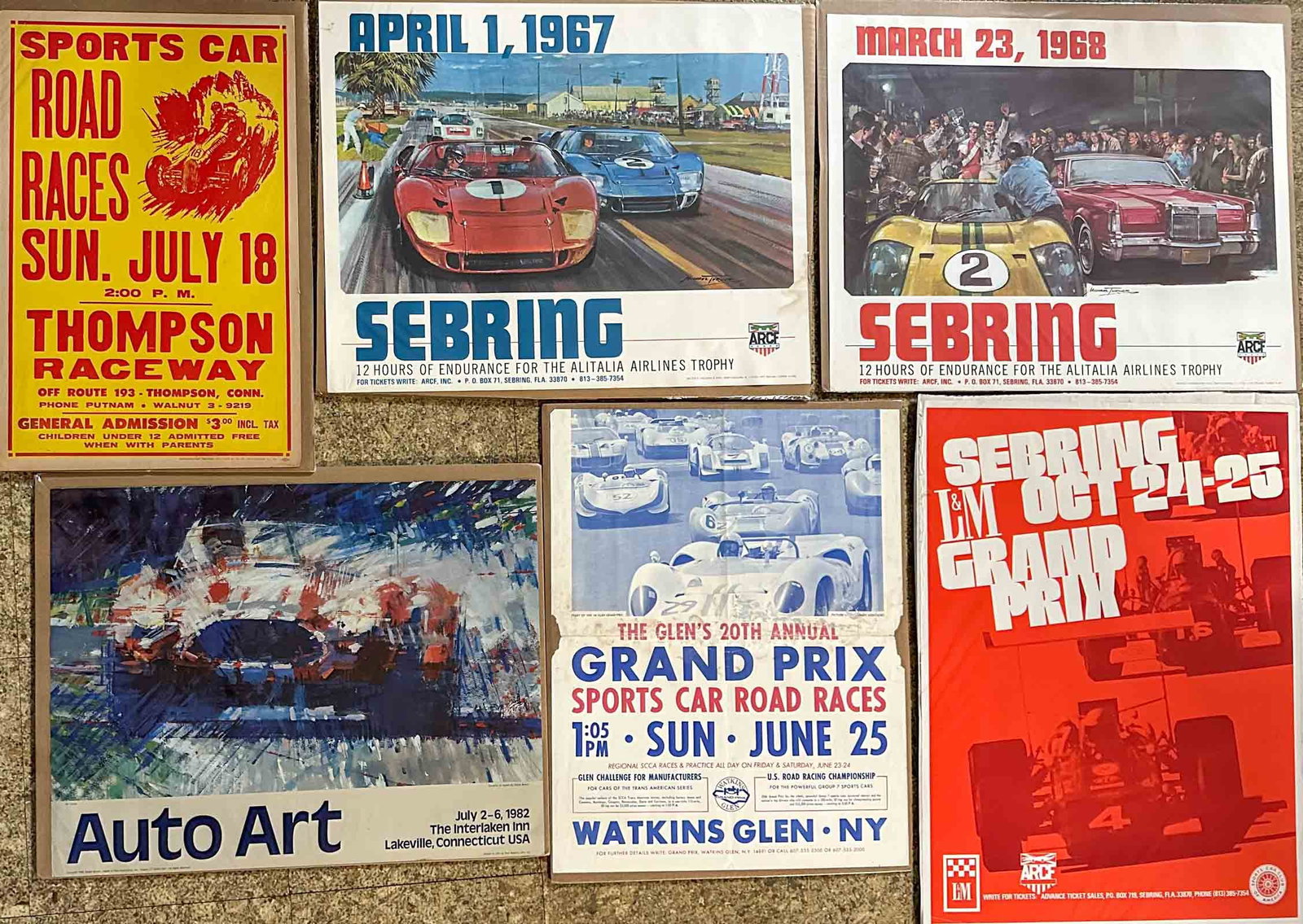 Race Posters: Six period original race posters, 1967, 1968, early 1970's Sebring, 19 x 24 each, 1950's era Thompson, 14 x 22, 1960's-70's Watkins Glen, 19 x 24, 1992 Auto Art.