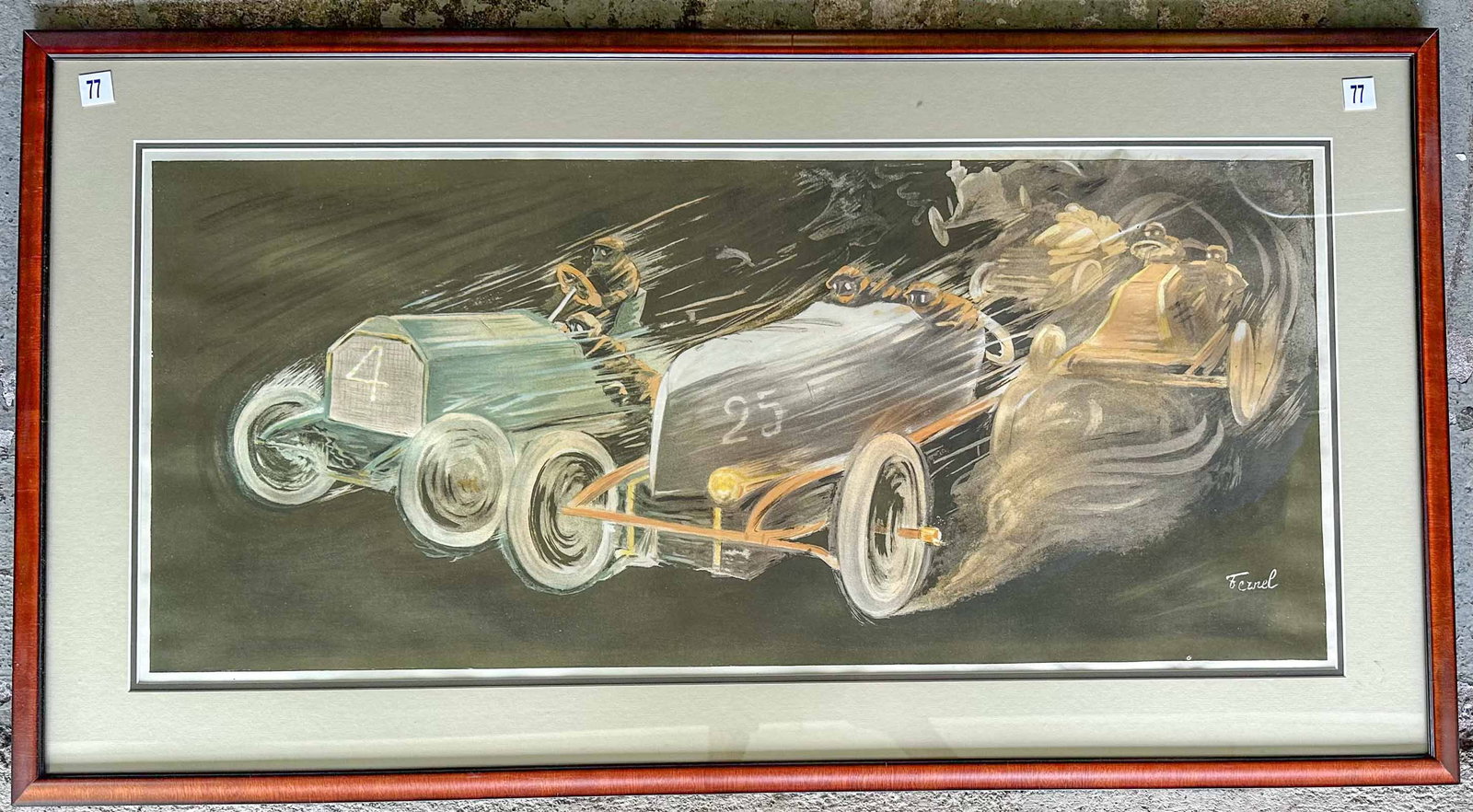 1903 Paris Madrid Lithograph: 1903 Paris Madrid "Race To Death" as called by the NY Times, color lithograph by French illustrator Fernand Fernel, double matted and framed, 45 x 24.