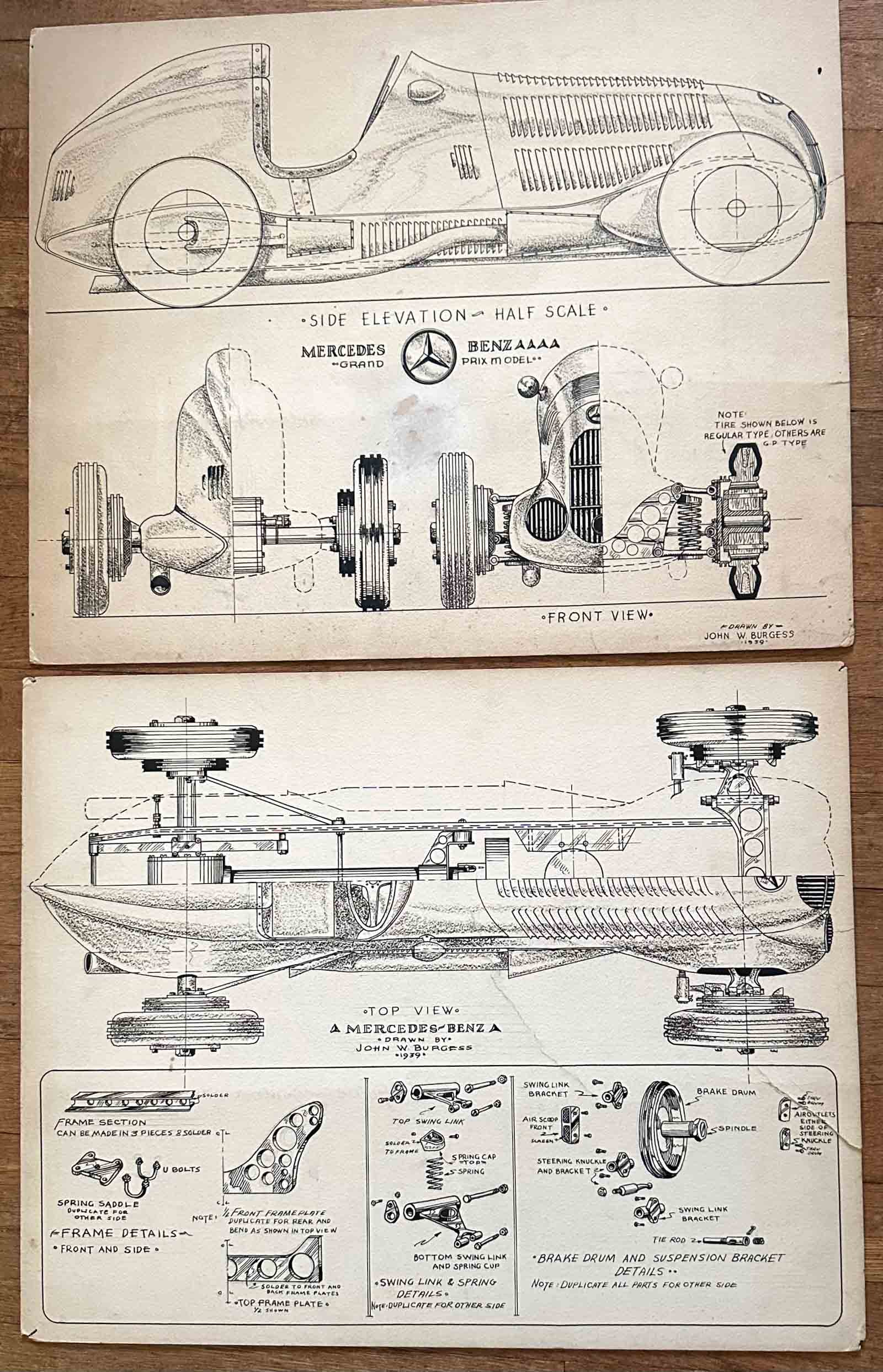 John Burgess Artwork Lot: Two original pen and ink design presentation drawings by noted artist John Burgess, dated 1939, design was for a half scale Mercedes Benz Grand Prix car, 20 x 16 each.