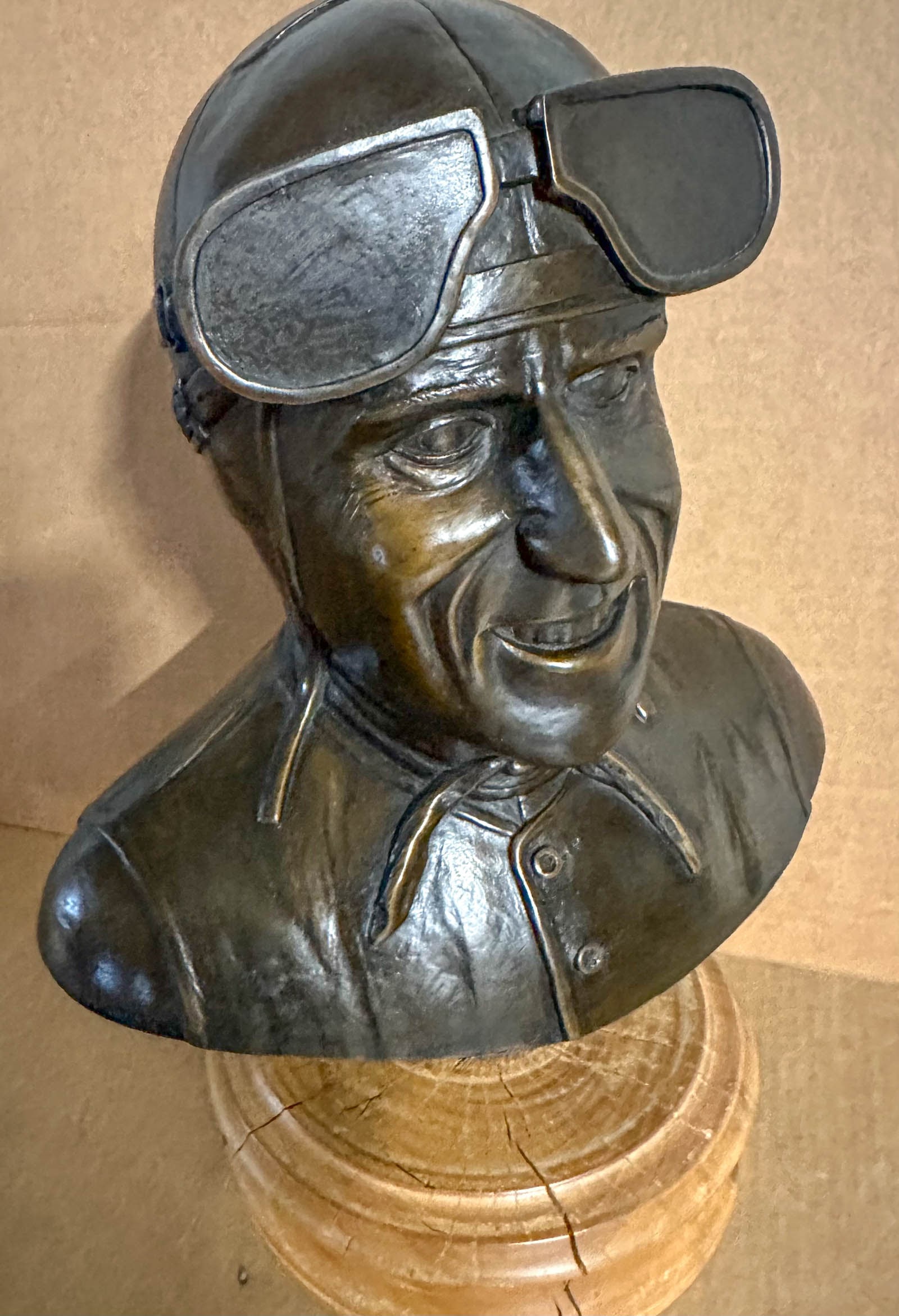 Tazio Nuvolari Bronze: Tazio Nuvolari bronze bust sculpture by artist Steven Hahn, Tavares Motorsports commission, 1 of 28, 15 inches high.