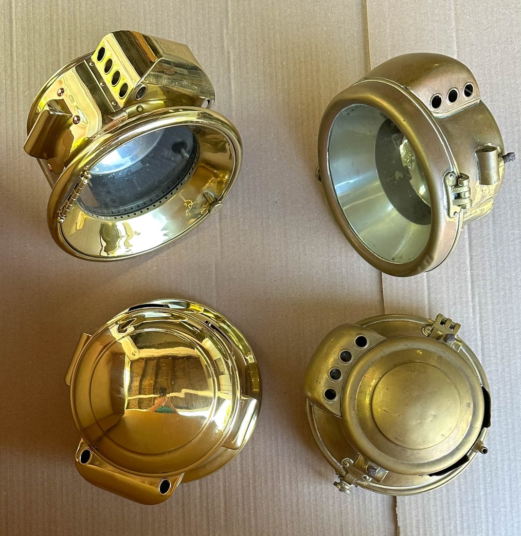 Solar Brass Head Lights: Solar brass head lights - pair of #1077 with recessed magnifying lens, 10 inch dia and pair of #1256, 9 inch dia..