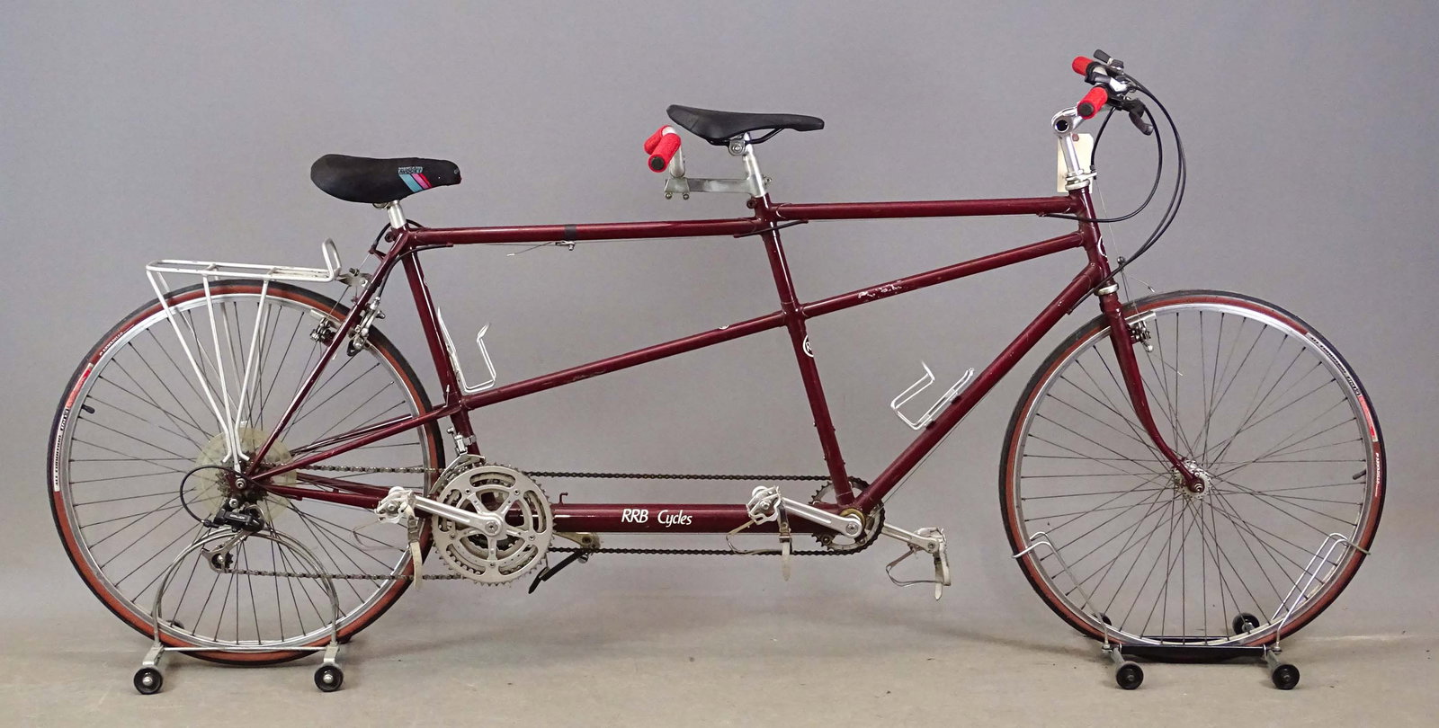 RBR Tandem Bicycle: RRB tandem. Hand-built by Ron Boi, of Chicago, highly-regarded Waterford & Paramount Frame Builder bicycle. Fair condition. Mark Mattei Collection.