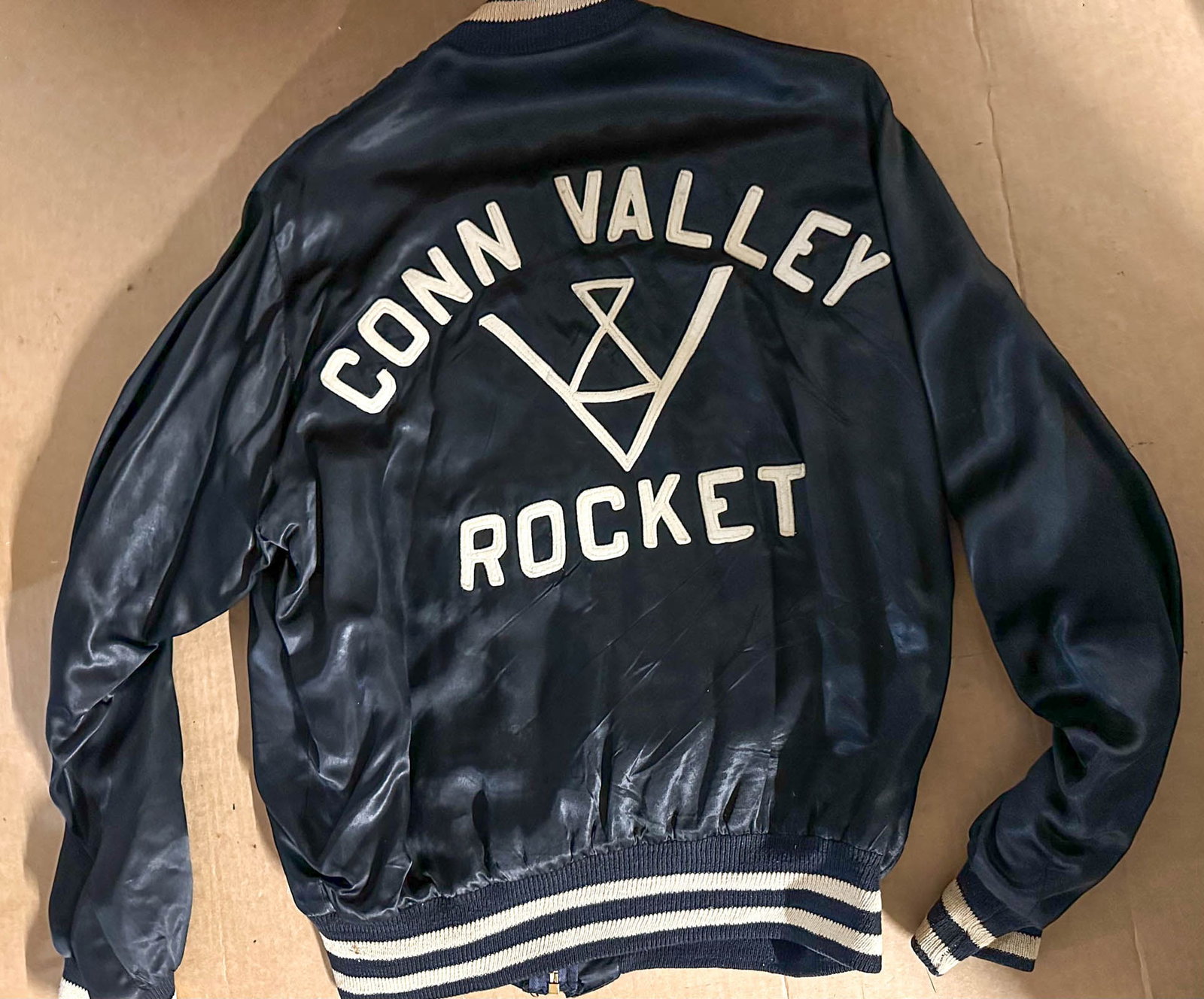 Racing Jacket: 1950's period race jacket "Conn Valley V 8 Rocket", appears to be NOS, for wife of driver "Wild Bill" Slater, this was typical 1950's hot rod club and race style jacket.