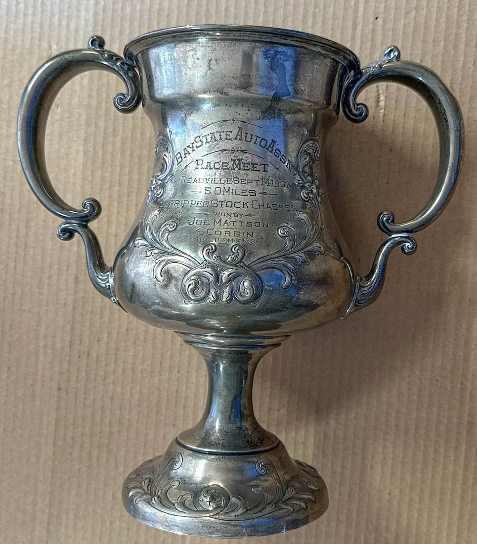 Race Meet Trophy: 1907 "Bay State Auto Assoc Race Meet trophy, Readville Sept 14, 1907, 50 Mile, Stripped Stock Classes, Won by Joe Mattson In Corbin", 12 inches high.