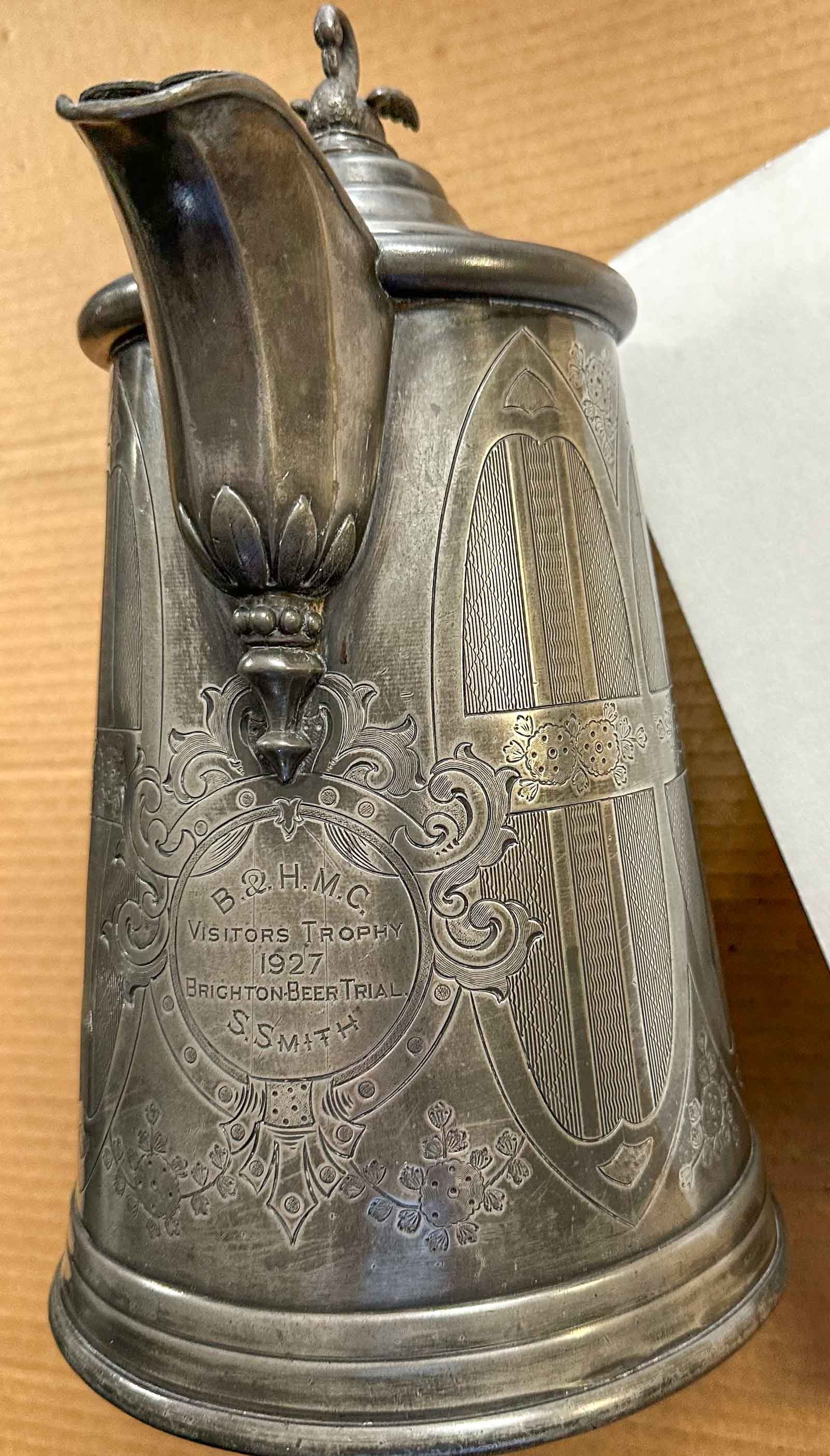 Stein: B and H MC, (Brighton and Hove, Motor Club), "Visitors Trophy 1927, Brighton Beer Trial" (Beer is a town in UK), heavy double lined stein, 12 inches high.