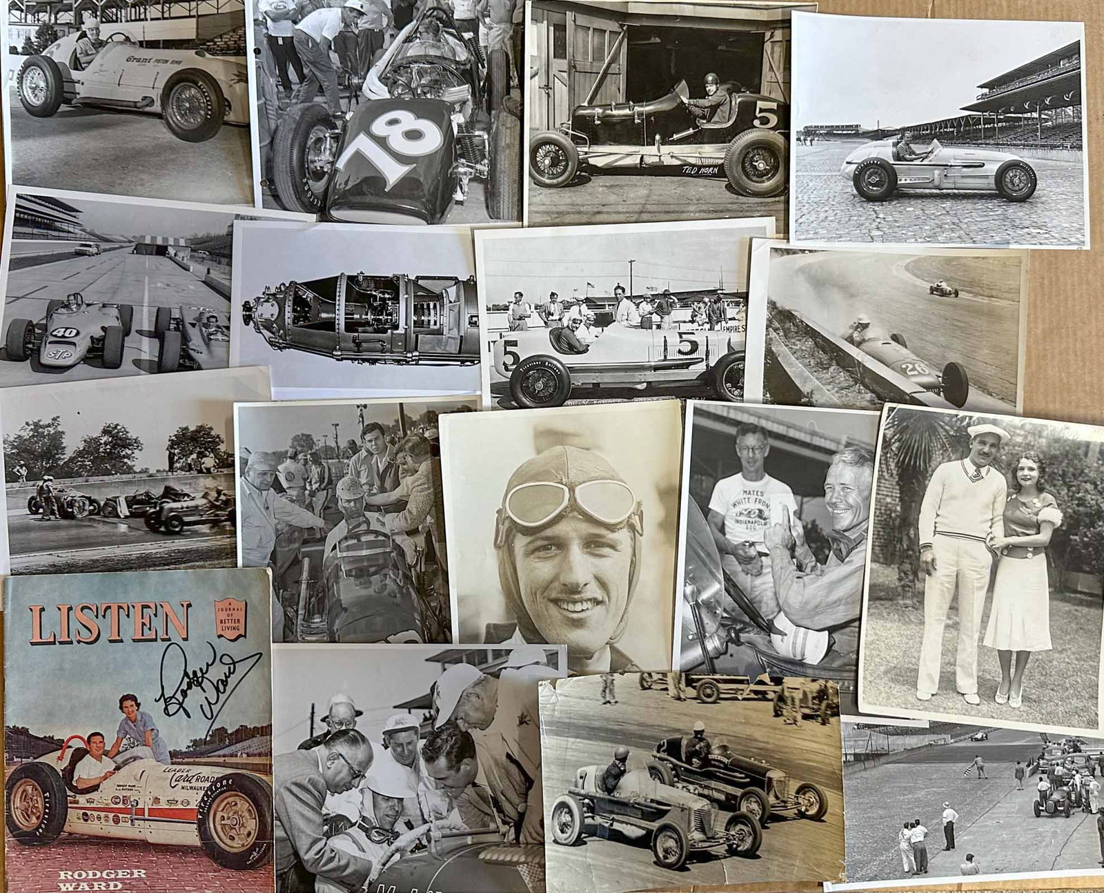Racing Photographs: Fifty period original race related photos, press, various studios, etc, teens to 1960's, most are 8 x 1W, many captioned and Roger Ward autographed periodical.