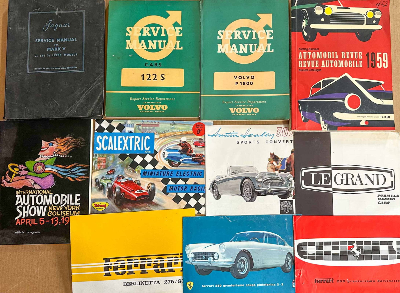 Brochures Lot: 1960's sports car brochures and manuals, three Ferrari, 275 GT B, 250 GTE (shelf worn), 250 GT Berlinetta (some damage), Volvo P1800, 122S, Jaguar Mark V service manuals, etc..