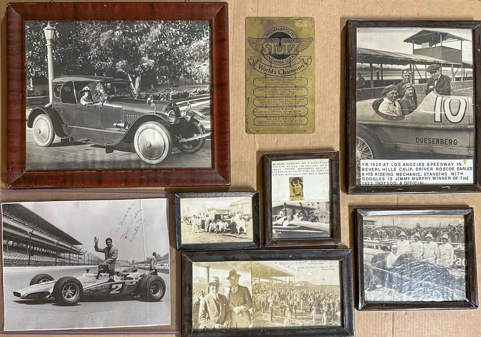 Photograph Lot: Early original photos, Stutz roadster, 18 x 15, Stutz brass achievement plaque, 6 x 10, 1969 Andretti 500 winner autographed, 14 x 11, Pete DePaolo autographed, other misc.