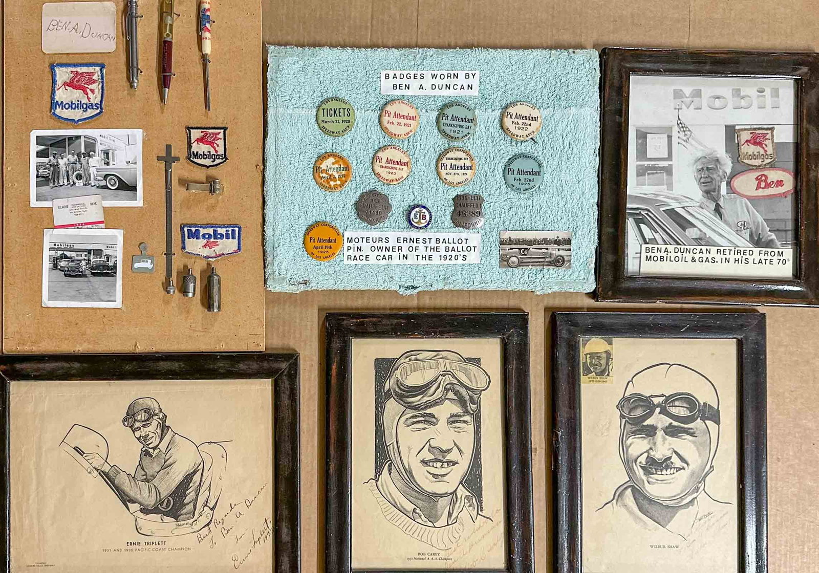 Misc. Lot: Collection of Ben A Duncan chief pit assistant for Pete DePaolo during 1920's incl 1925 Indy 500 victory, photos, Mobilgas items, 1920's Pit Assistant pin collection from Los Angeles Speedway,