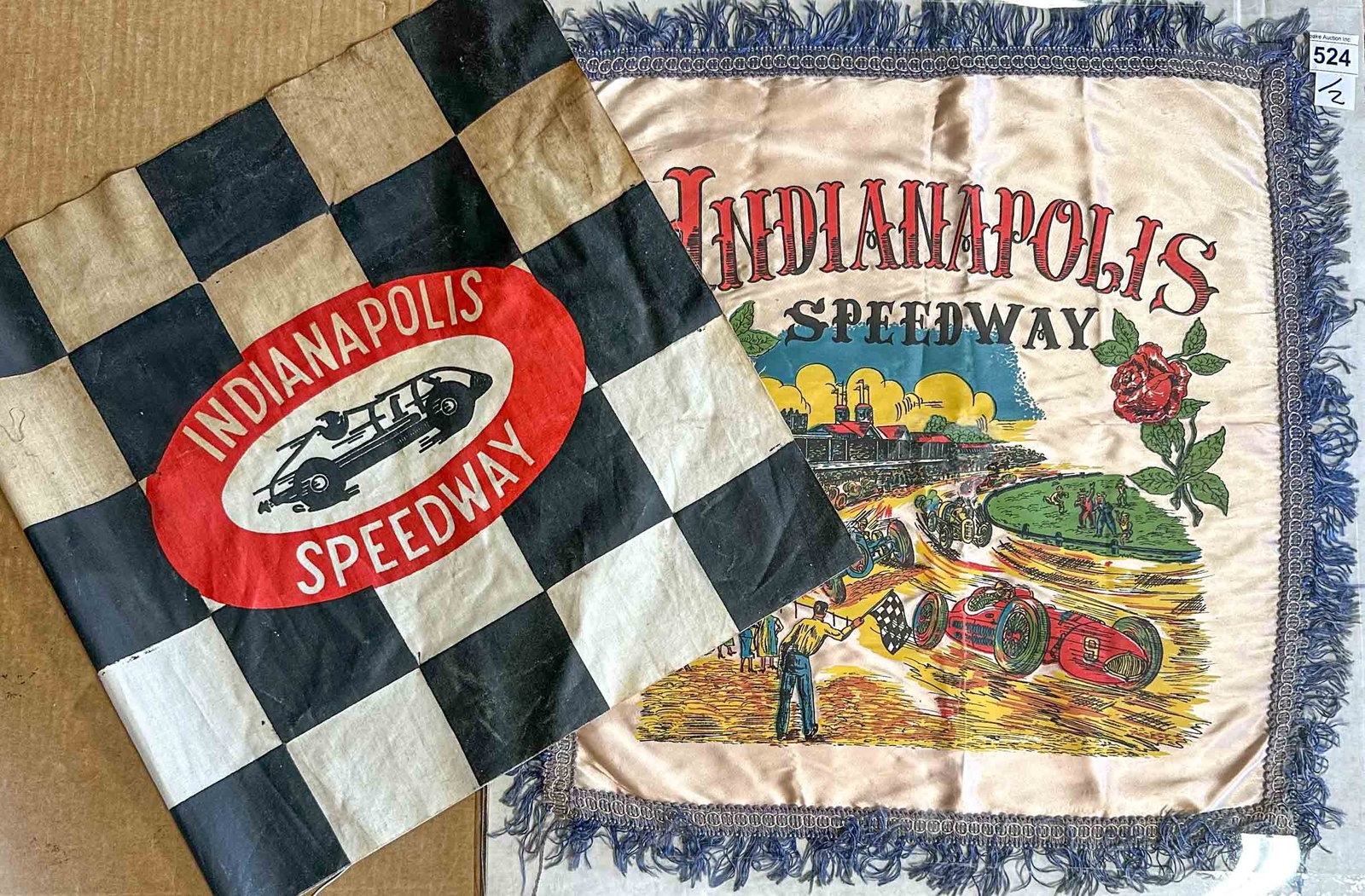 Indy 500 Pillow Cover: Indy 500 colorful fringed pillow cover, 1940's, 20 inches square and 1950's Indy 500 flag, 17 square.