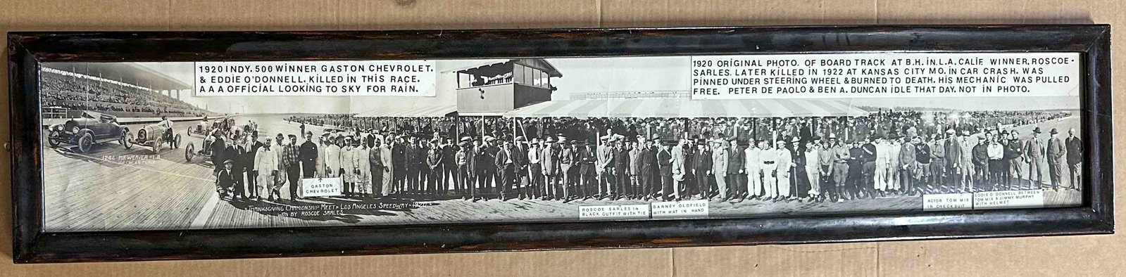 Panoramic Photo: 1920 panoramic photo of Los Angeles, Beverly Hills board track race drivers and crew, 45 x 9.