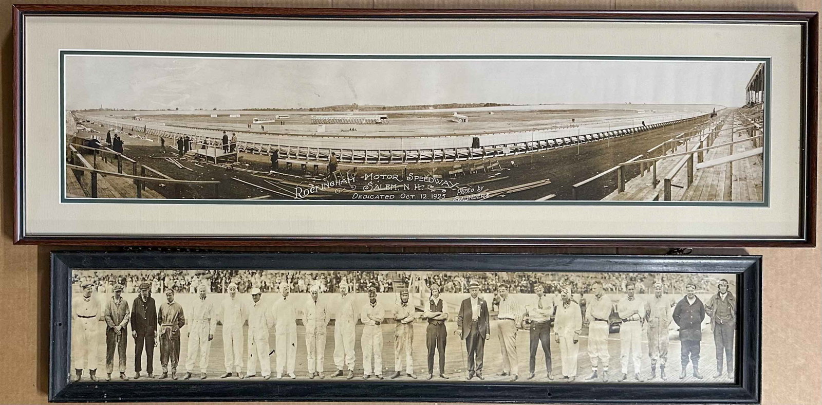 Photograph Lot: Two board track related panoramic photos - 1917 Tacoma, WA drivers and mechanics, 35 x 8 and 1925 Rockingham, Salem NH track, 39 x 11.5.