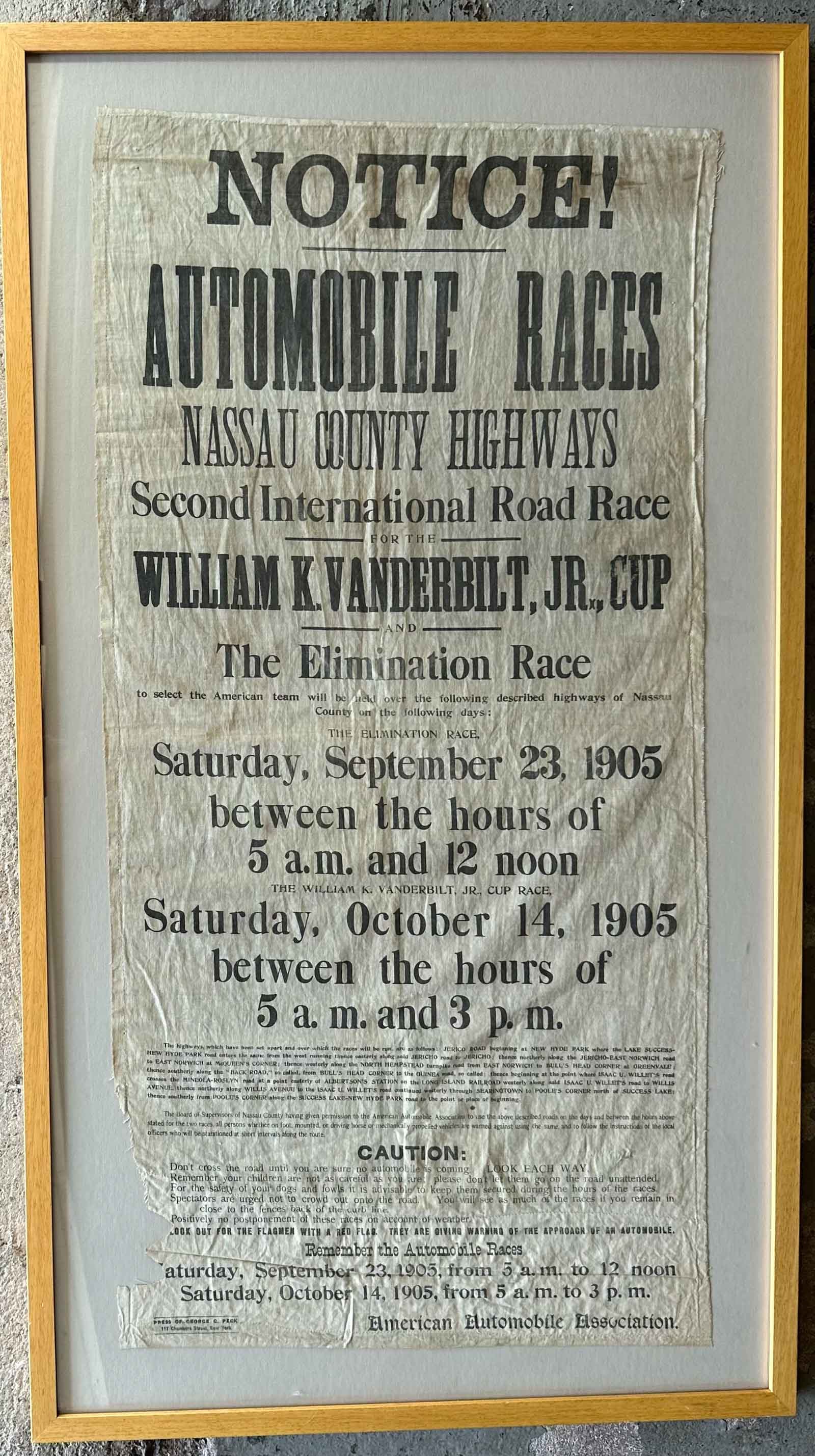 Vanderbilt Cup Broadside: 1905 Vanderbilt Cup Race broadside, Sept 23, 1905, Second Annual Cup Race, printed on linen, very delicate, frame 22 x 39, broadside 17 x 34.