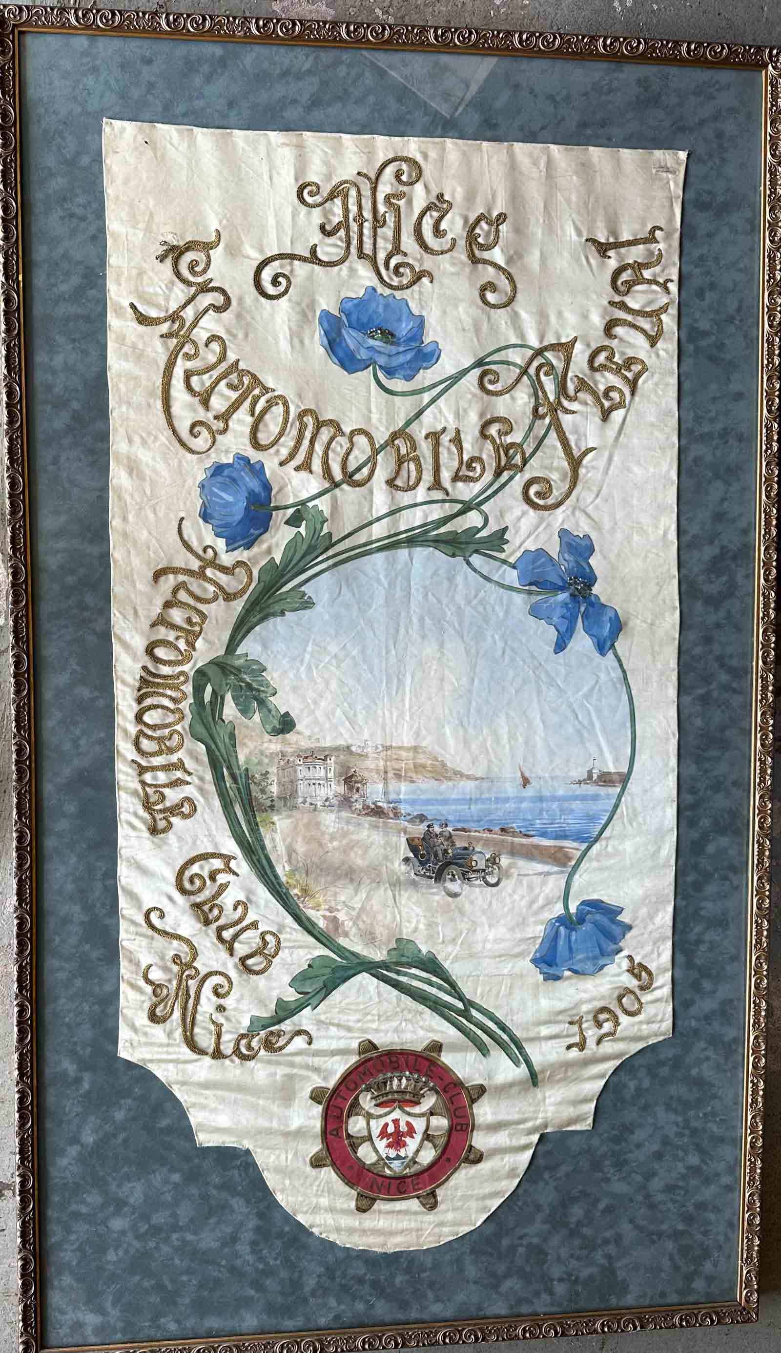 Automobile Club Banner: 1905 Automobile Club, Nice France embroidered cloth banner, gold thread lettering, auto illustration, club logo, very rare, 36 x 61 frame, 22 x 39 banner.
