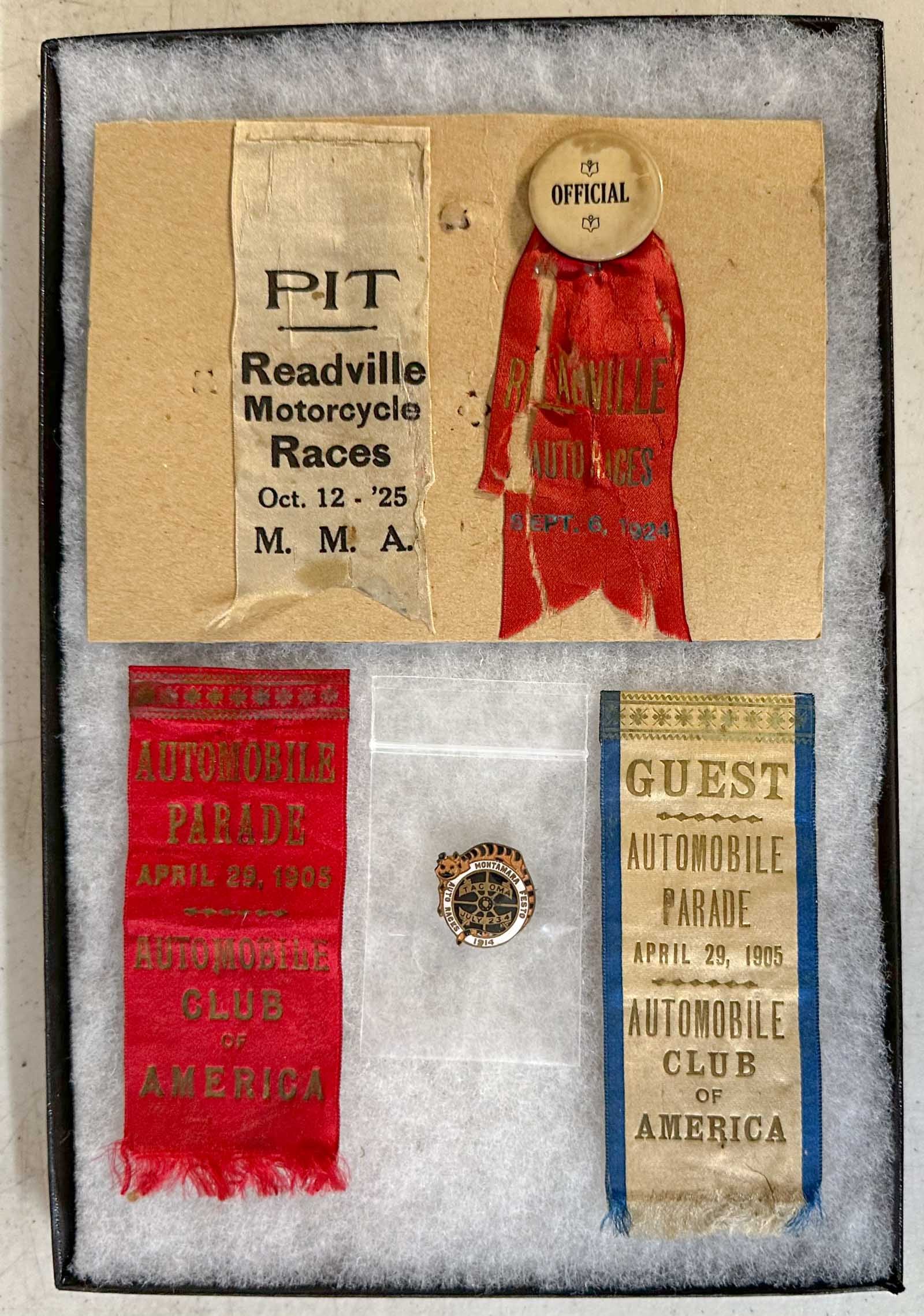 Lapel Pin: 1914 Tacoma board track race cloisonne lapel pin, one inch dia, four ribbons, two 1905 Automobile Parade, two Readville, 1924 Auto Races, 1925 Motorcycle Races.