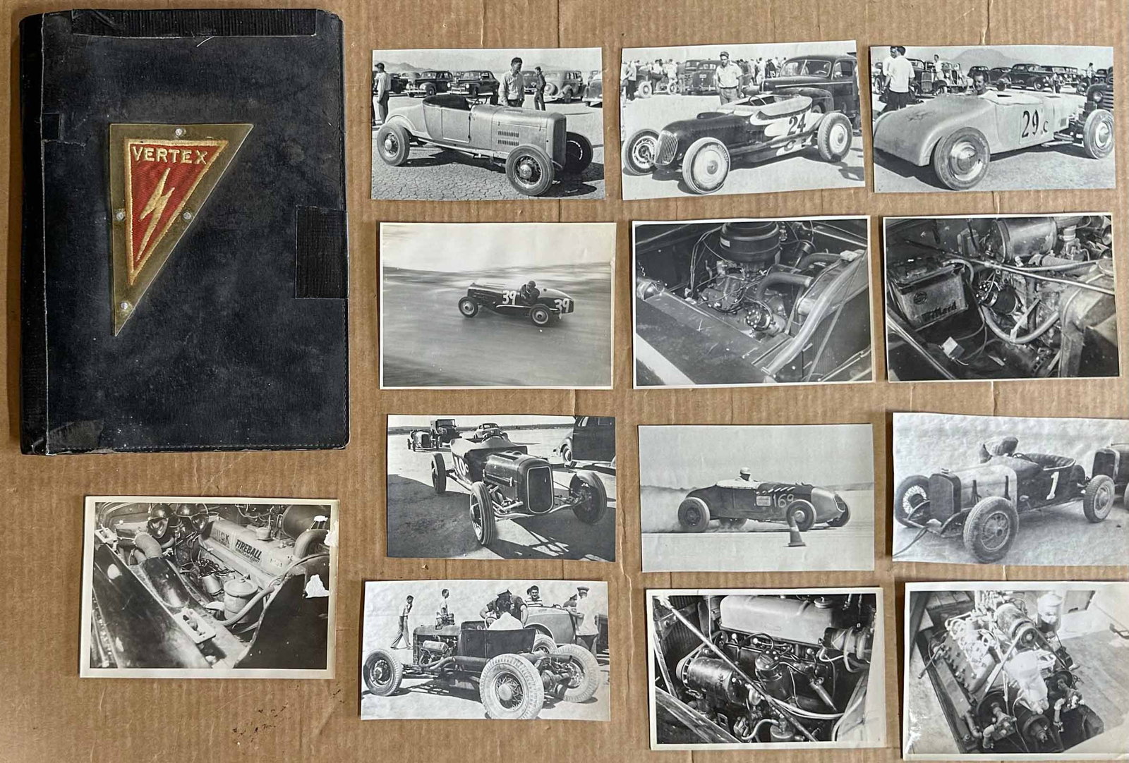 Ephemera Lot: 1940's era Vertex magneto photo scrapbook, cover has Vertex patch attached, 40 photos, most are 5 x 7, all photos shown, former F T Griswold Co, he was the winner of the first Watkins Glen road race