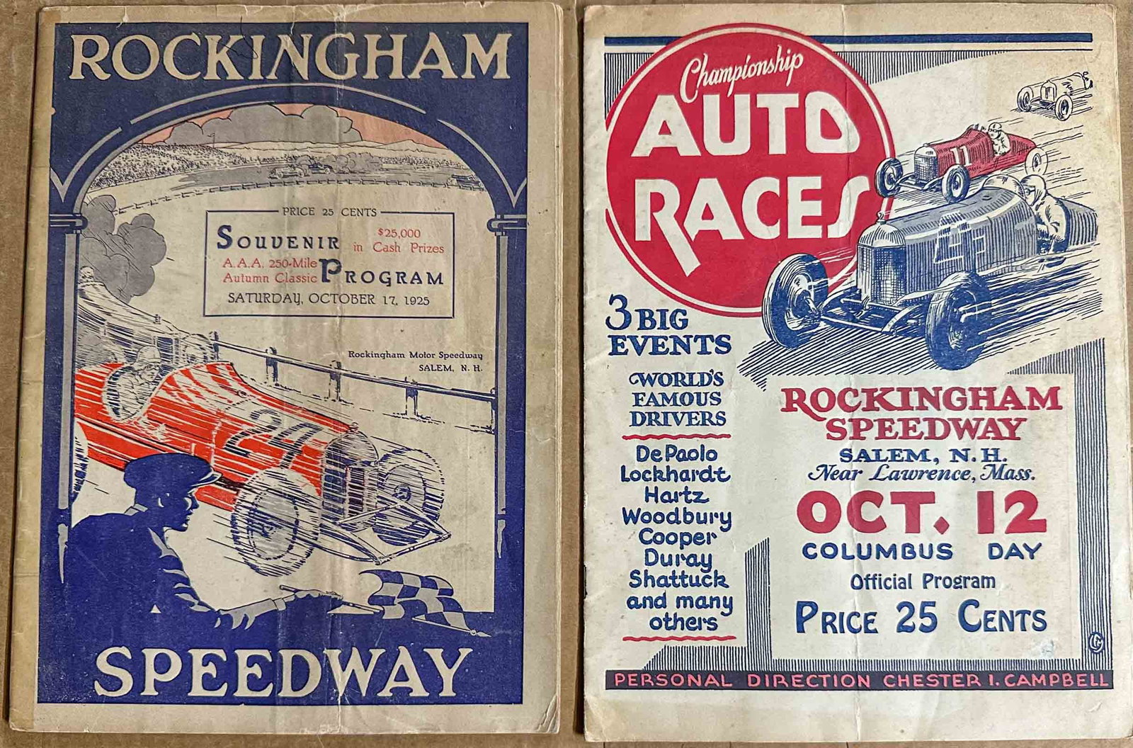 Racing Programs: Two Rockingham Salem NH board track programs, the board track ran for four years from 1925 to 1928, best US drivers and cars raced there - 10/17/1925 program, 8 x 11, 24 pgs - 10/12/2027 program, 8 x