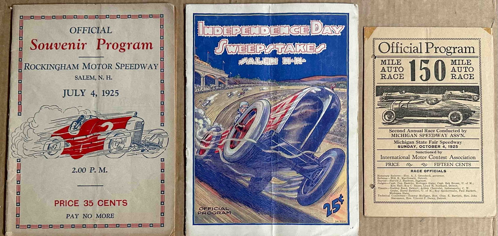 Racing Programs: Three race programs - Rockingham, Salem NH - 7/4/1925 dirt track, 8 x 11, 40 pgs - 7/4/27 1.25 mile board track, 8 x 11, 24 pgs - Michigan State Fair, 10/4/1925 folder.