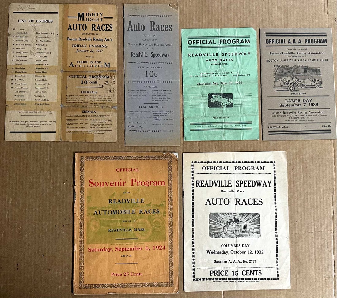 Racing Programs: Readville Boston MA race programs - 9/6/1924, 8 x 11, 32 pgs, 10/12 1932, 8 x 10, 8 pgs, four smaller programs from the 1930's, Readville was a one mile dirt oval that ran from 1903 - 1937.