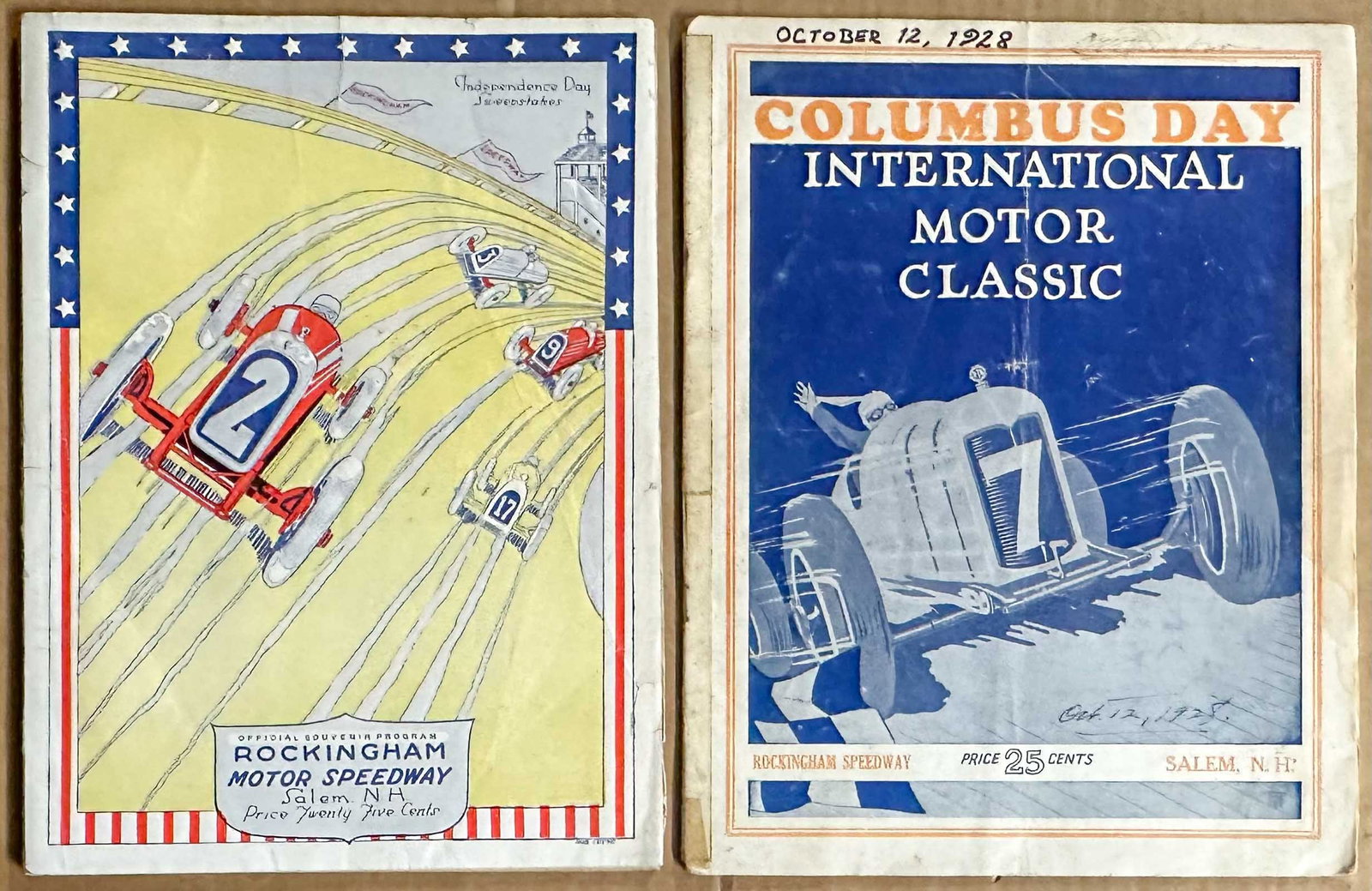 Racing Programs: Two Rockingham NH board track programs - 7/5/2026, 8 x 11, 64 pages - 10/12/1928, 8.5 x 11, 16 pages, this was the last board track race at this track.