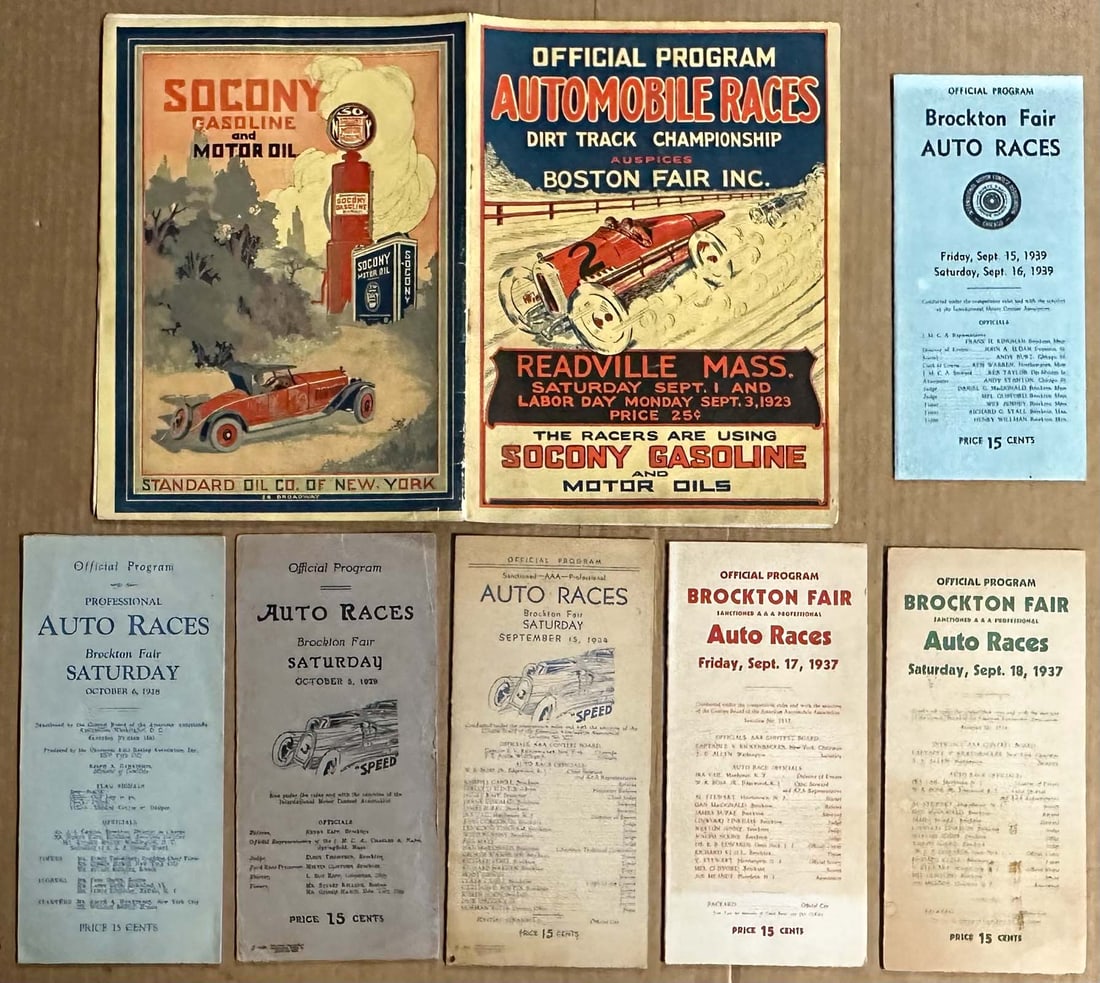 Racing Programs: Readville, Boston, MA program - 9/1-3/1923, 8 x 11, 16 pages and six Brockton MA Fair programs folders from 1928 to 1939.
