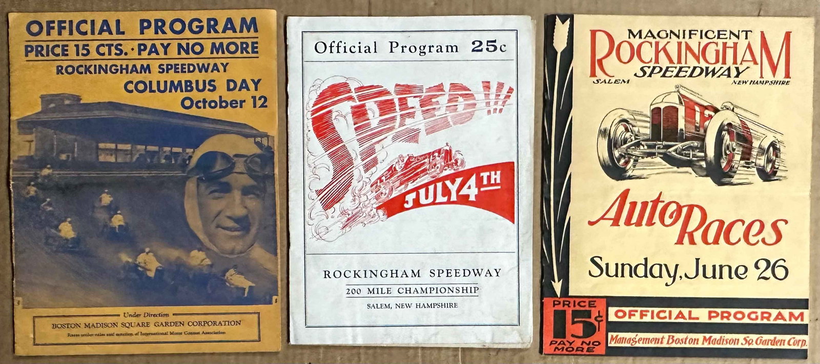 Racing Programs: Three Rockingham NH race programs - 7/4/1928 board track, 7.5 x 10, 16 pages - 10/12/1931 dirt track, 8.5 x 11, 8 pages - 6/26/1932, 8.5 x 11, 8 pages plus covers.