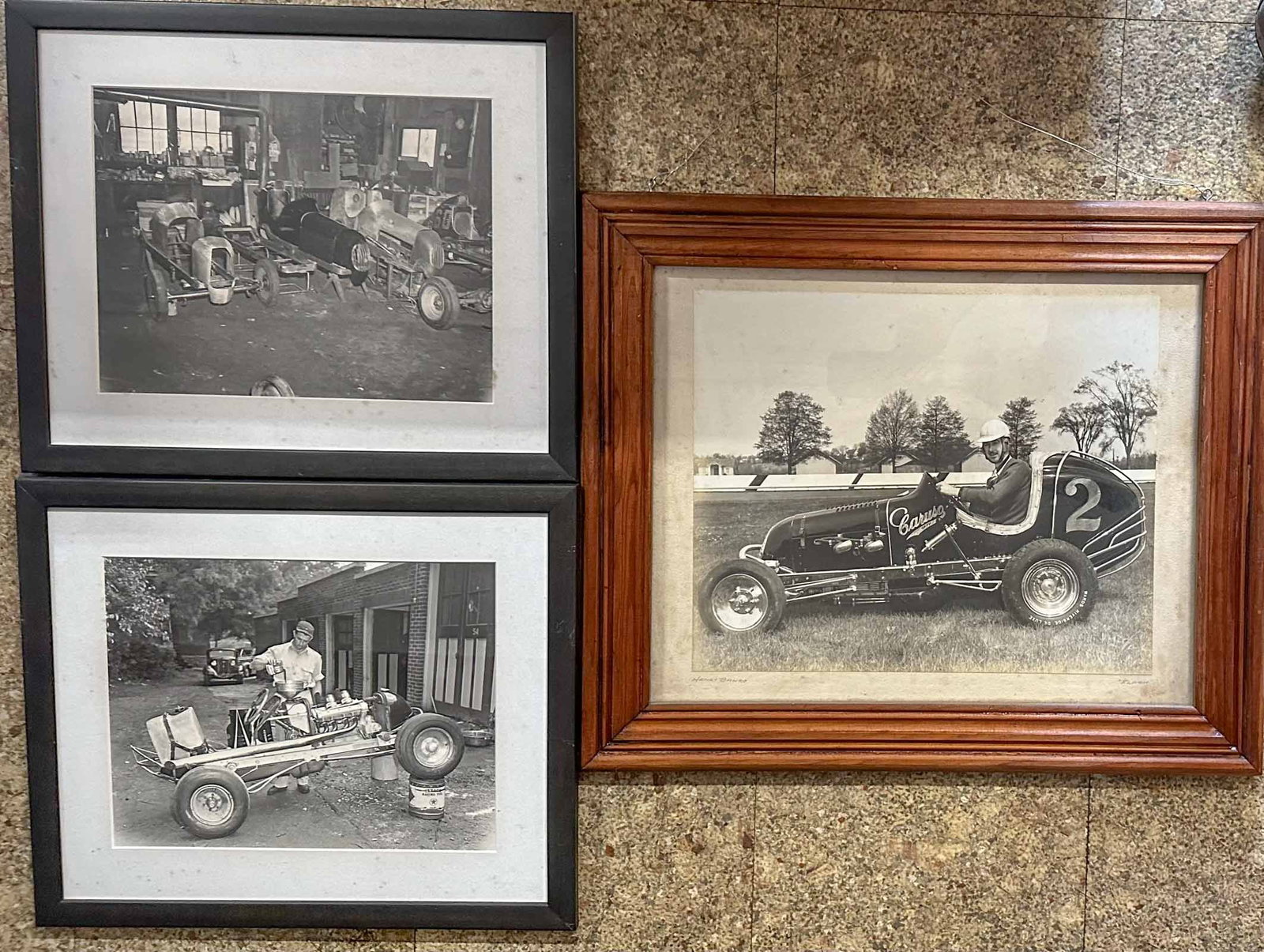 Photograph Lot: Three framed period midget photos - Henry Banks in the Mike Caruso Black Deuce, 24 x 20, two garage area photos of the Koopman Offy, ca 1950's in RI, 18 x 15 each.