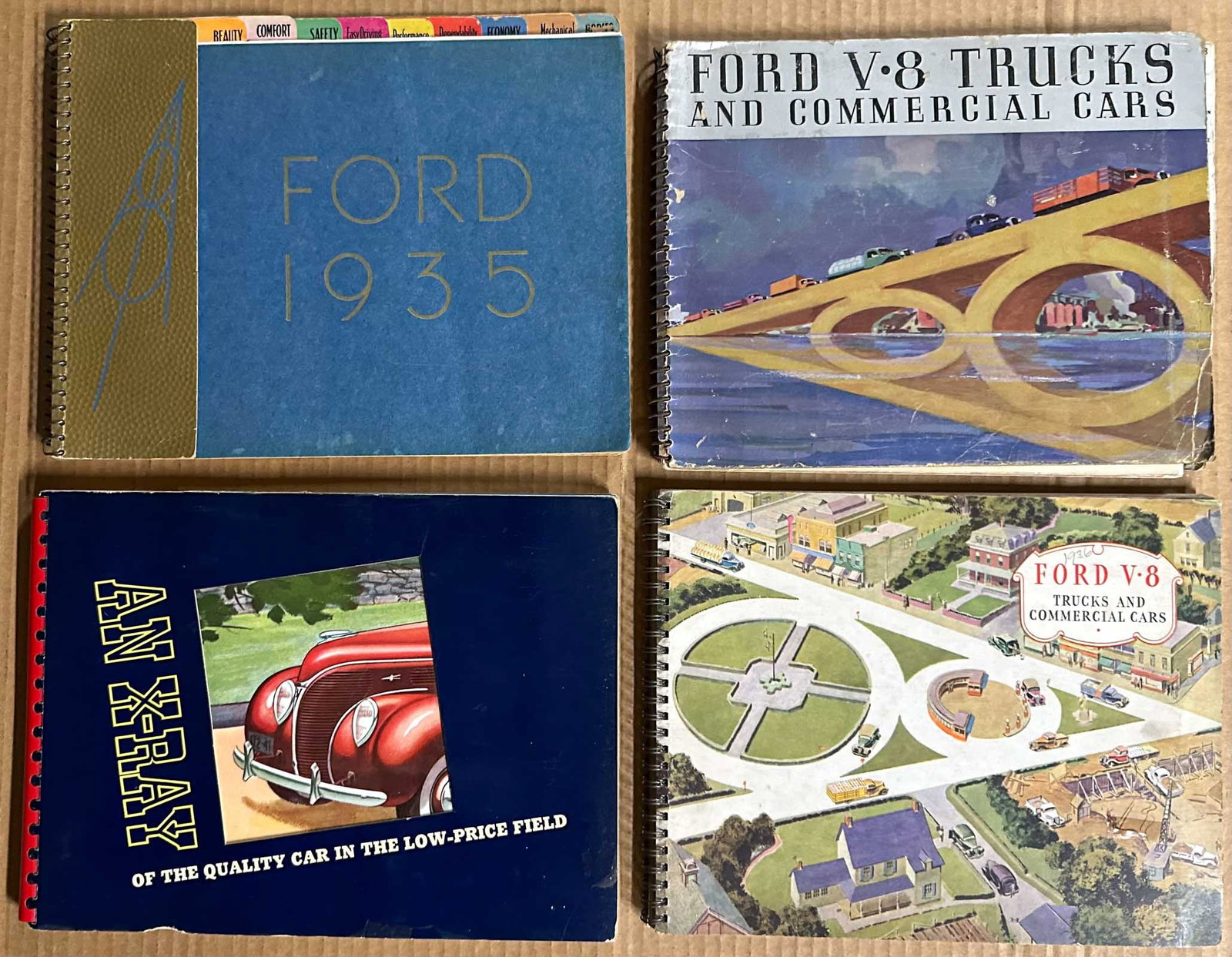 Ford Lot: Four Ford V 8 dealers showroom albums - 1935 passenger, 1935 Commercial, 1936 Commercial, 1938 Passenger, each shows full line, models, mechanical features, accessories, etc, 60 to 125 pages each.