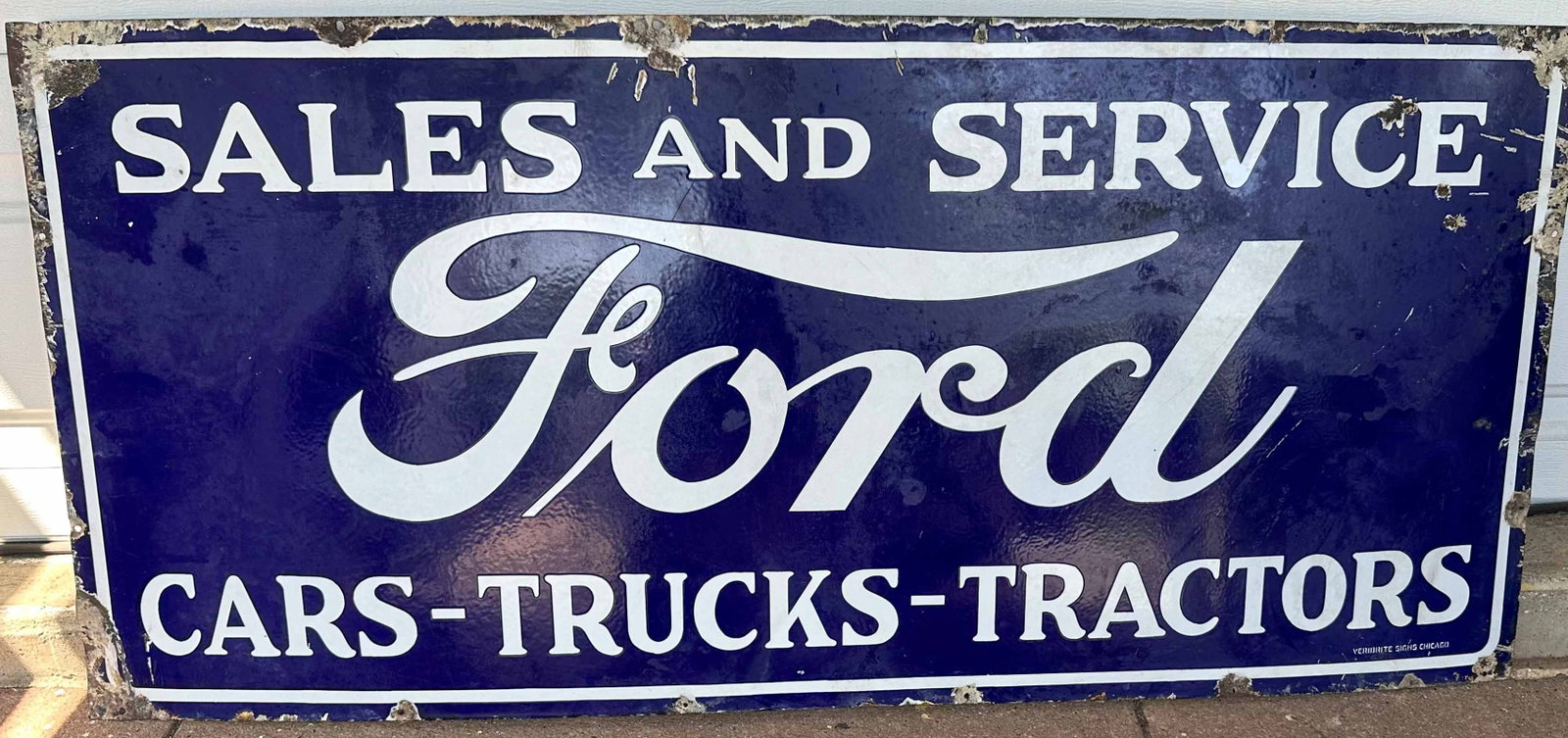 Ford Lot: Ford Sales and Service, Cars - Truck - Tractors heavy porcelain sign, chips on edges shown, marked Verbrite Signs Chicago in lower right, 60 x 27.