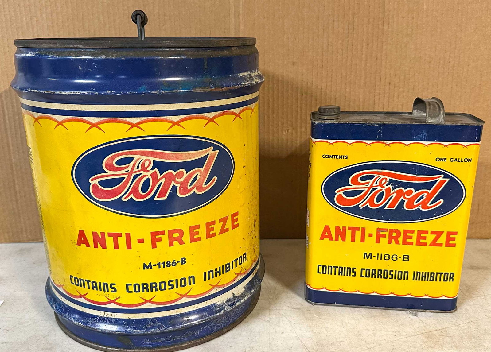 Ford Lot: Two Ford Anti -Freeze cans, five and one gallon sizes, colorful graphics, ca 1930's.