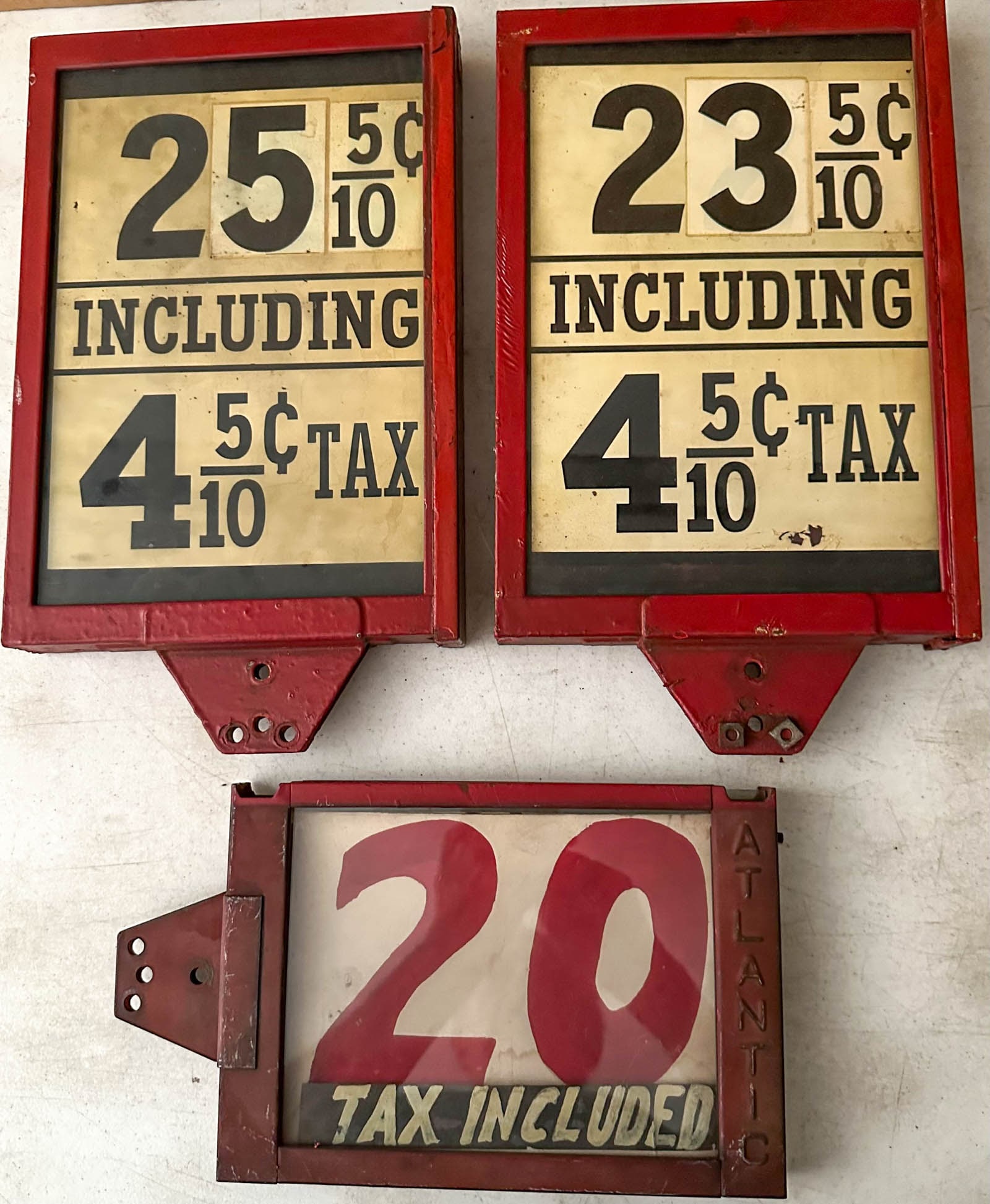 Gas Pump Price Frames: Three early gas pump price frames, heavy metal construction, two with no identification, 8.5 x 14, one with Atlantic lettering, 12 x 7.
