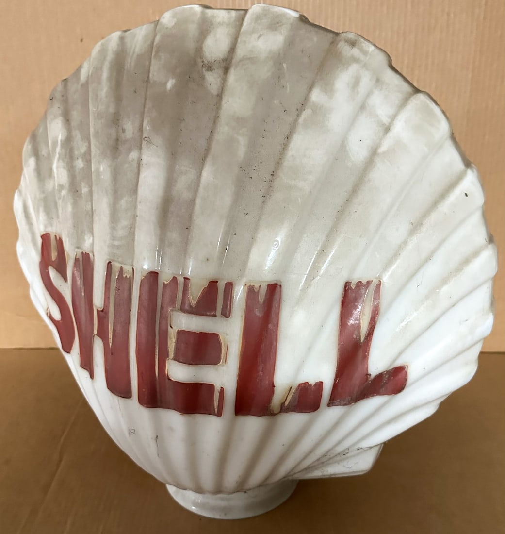 Gas Globe: Shell gasoline one piece milk glass pump globe, 20 inches wide, 18 inches high.