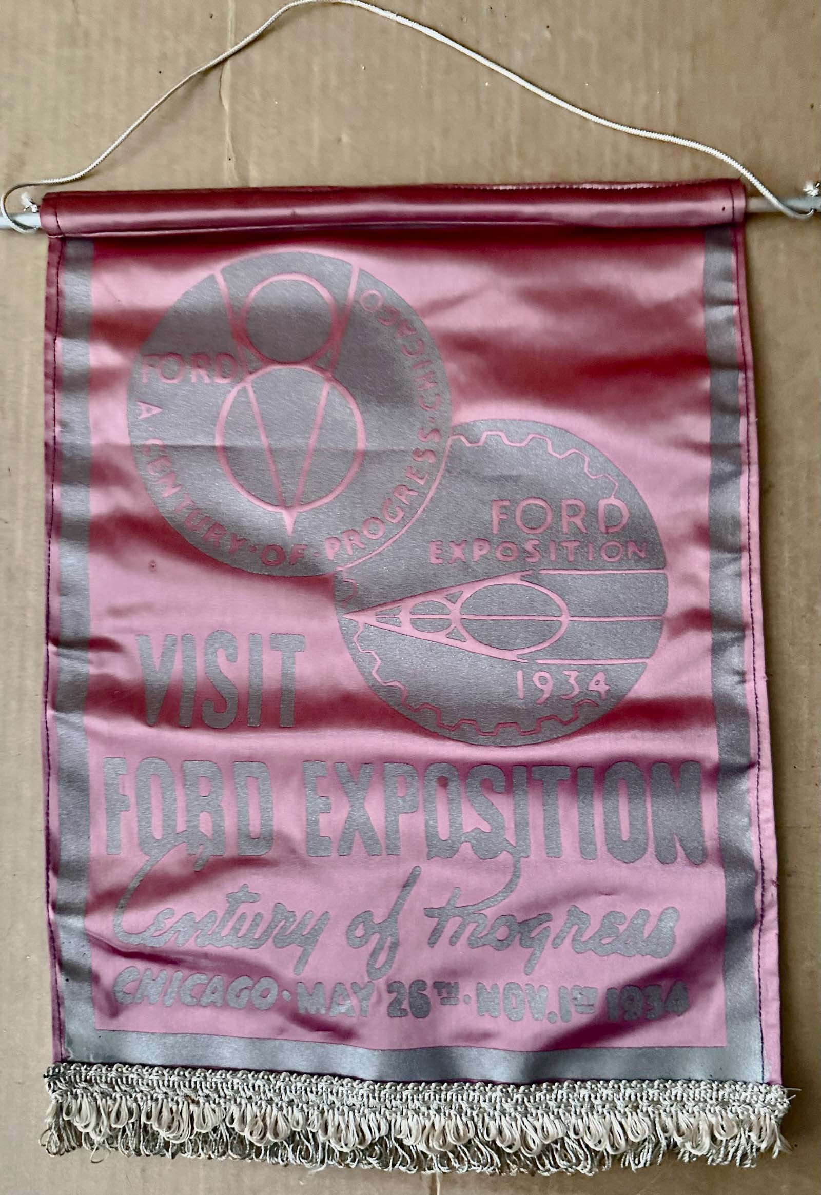 Ford Banner: 1934 Ford Chicago Century of Progress hanging banner, purple glossy patina, 16 x 11.5.