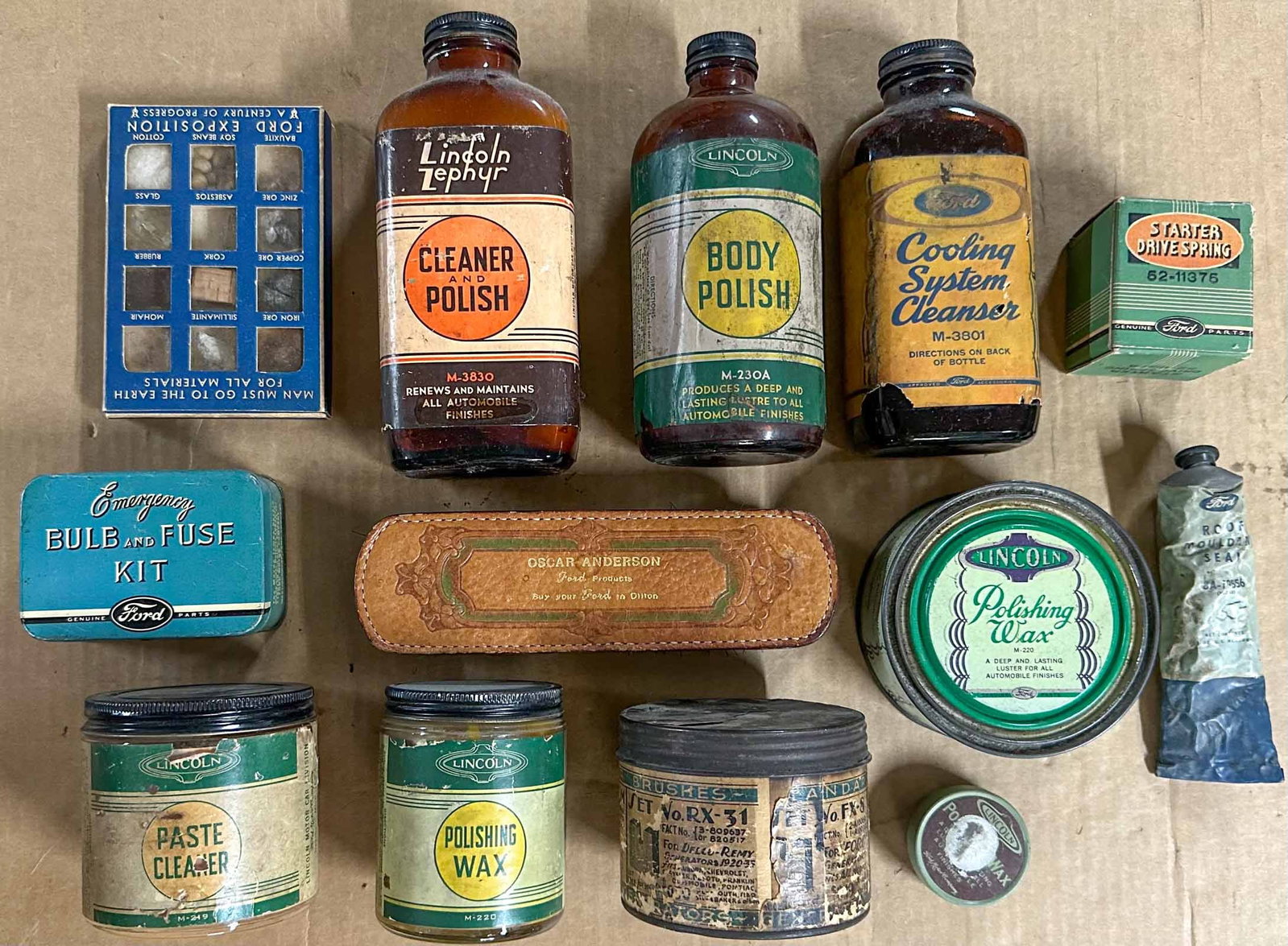 Ford and Lincoln Lot: Ford and Lincoln cans, bottles, upholstery brush, bulb kit, other accessory items.