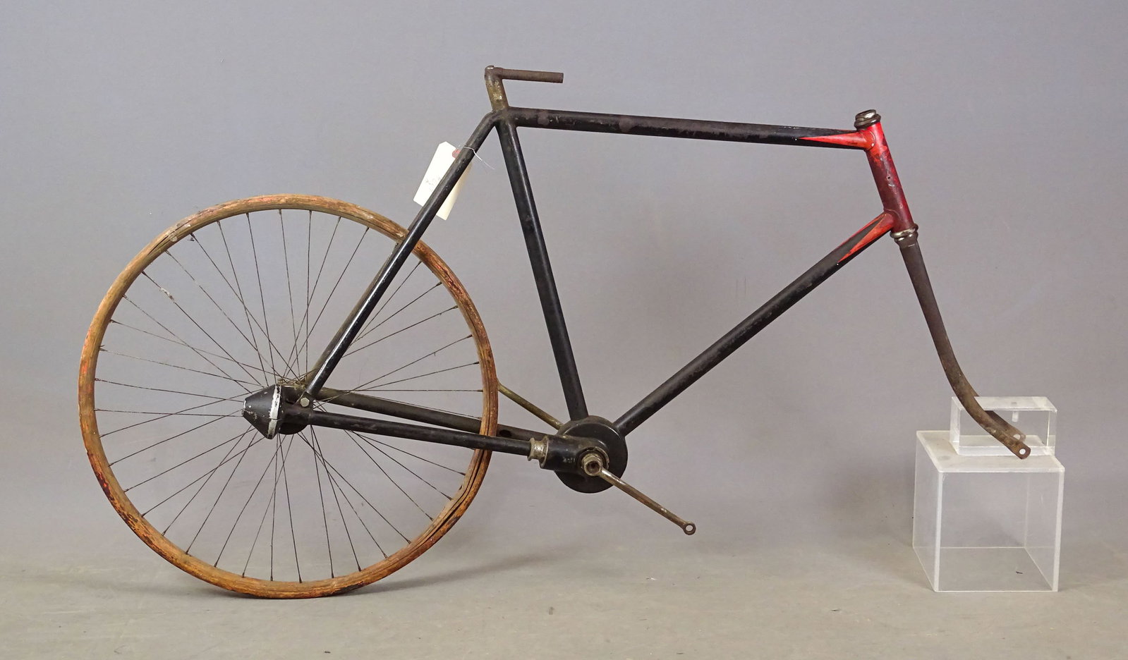 Chainless Frame Set: Chainless Pneumatic Safety frame set with single wooden wheel. Barn find condition. Mark Mattei Collection.