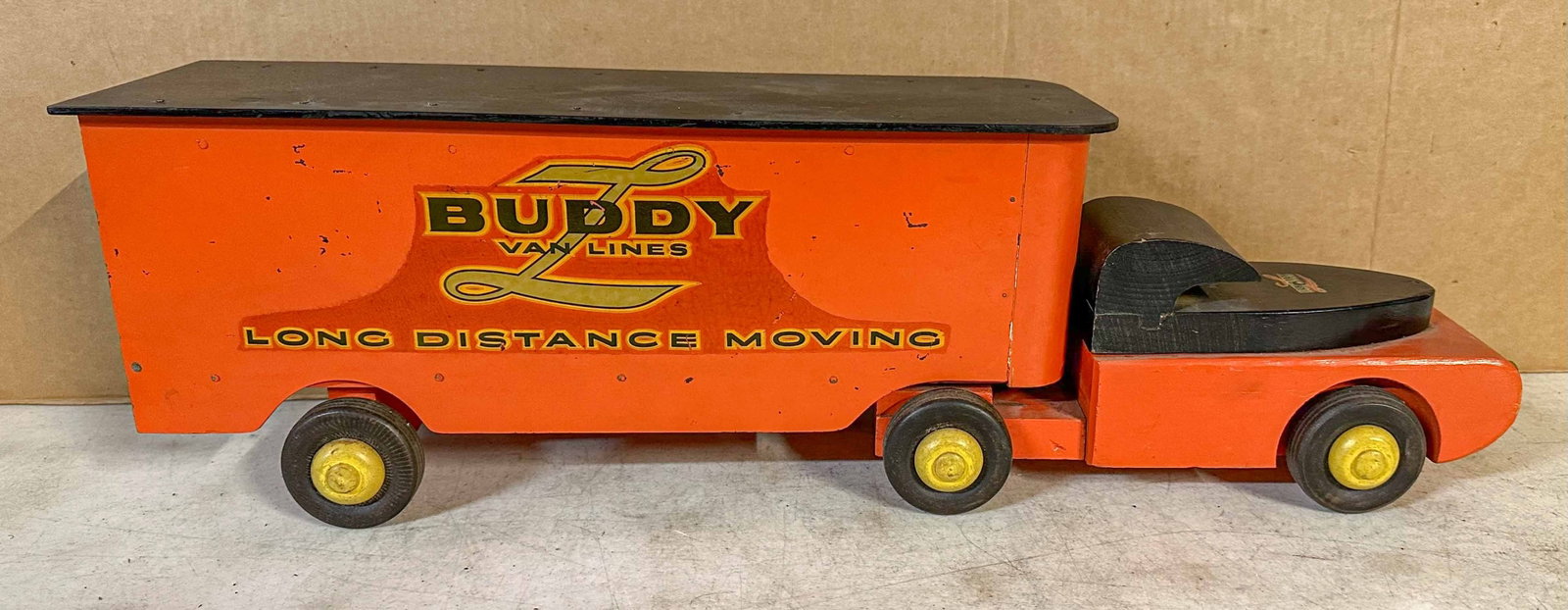 Buddy L Van: Ca 1940's Buddy L wood construction Long Distance moving van, original paint and decals, 24 long. Meltz Collection, Columbia County New York.