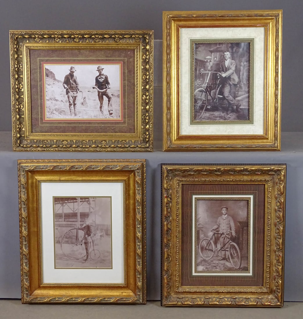 Bicycle Photographs: Group of (4) well framed and matted reprint bicycle photographs. Features early cycles,Frames overall 23" x 26"; 28" x 24"; 26" x 22"; 27" x 23". Good condition.