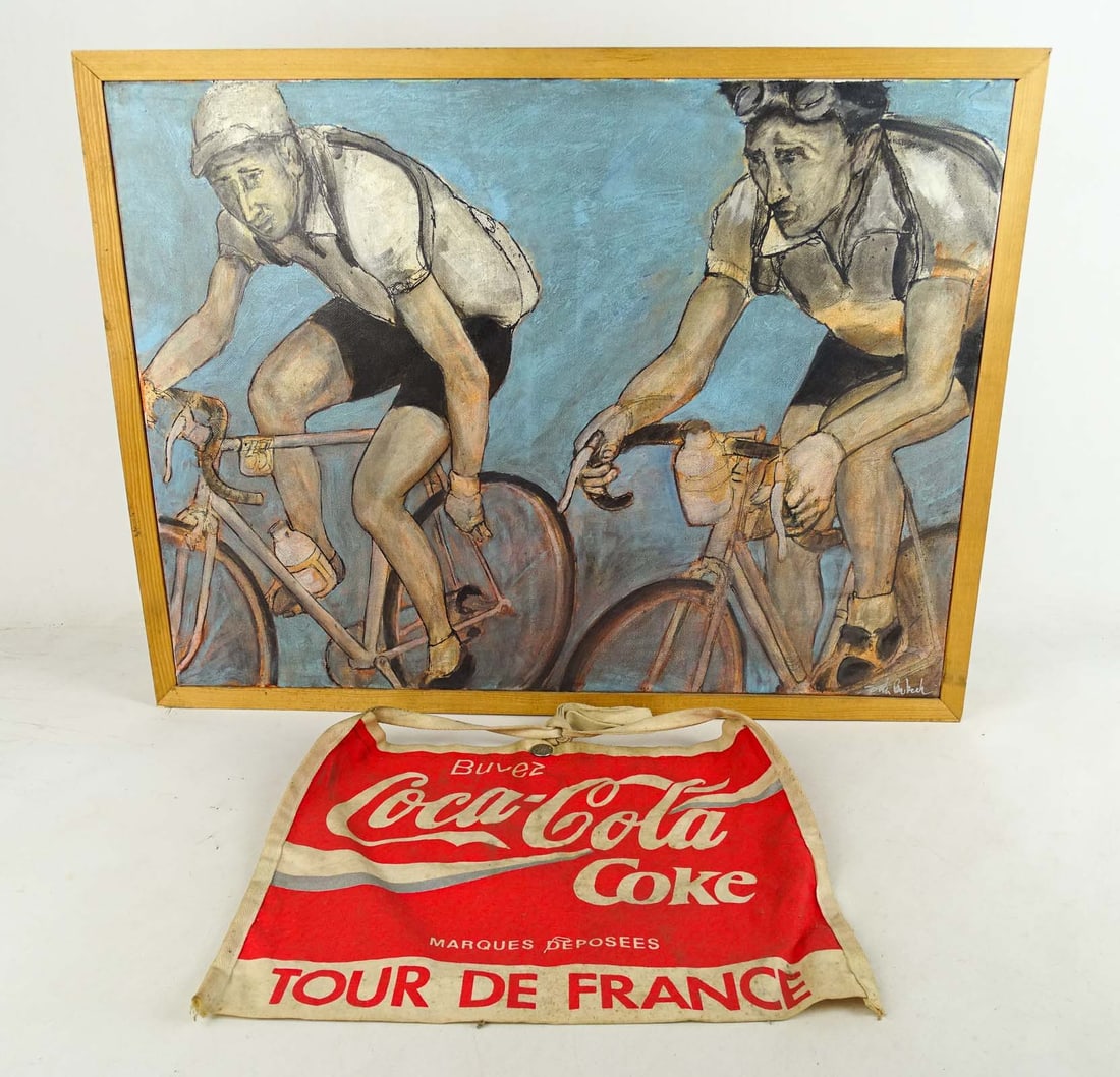 Painting: Original oil painting of Fausto Coppi and Gino Bartali competing in the Tour de France in the late 1940's. Painted in the 1970's/80's? Musette bag souvenir of the 1989 Tour de France. (2 items).