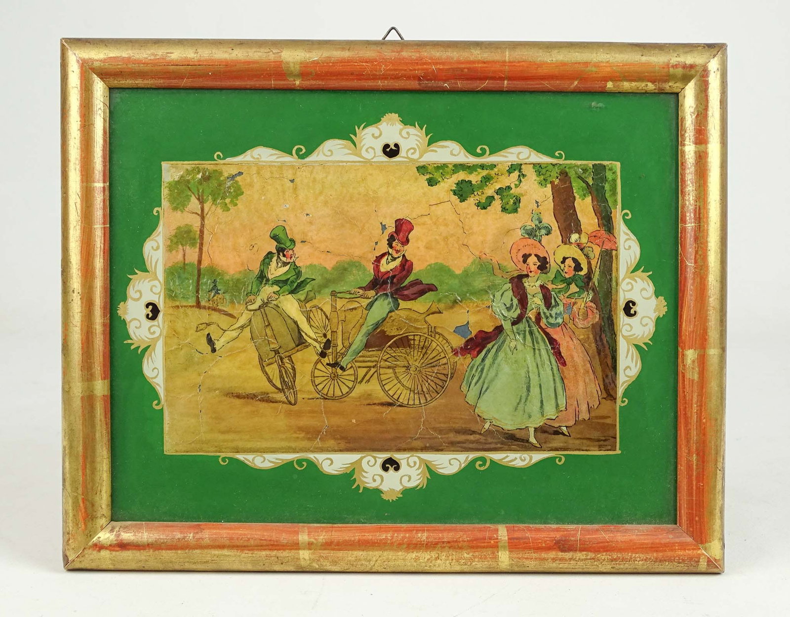 Framed Glass Painting: Framed painting on glass of 2 fanciful dandy's riding steam tricycles painted in the style of early hobby horses. Circa 1840-1850 from the age of steam. Good condition. Glenn Eames Collection
