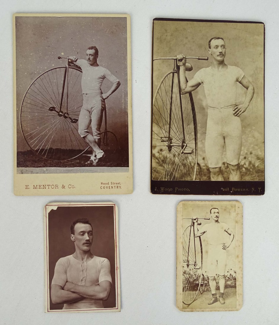 John Keen Photos: (4) images of world champion cyclist John Keen pictured with his "Eclipse" racer circa 1880 - Keen was successful racing champ and manufactured the finest racing cycles during the 1870's. Good