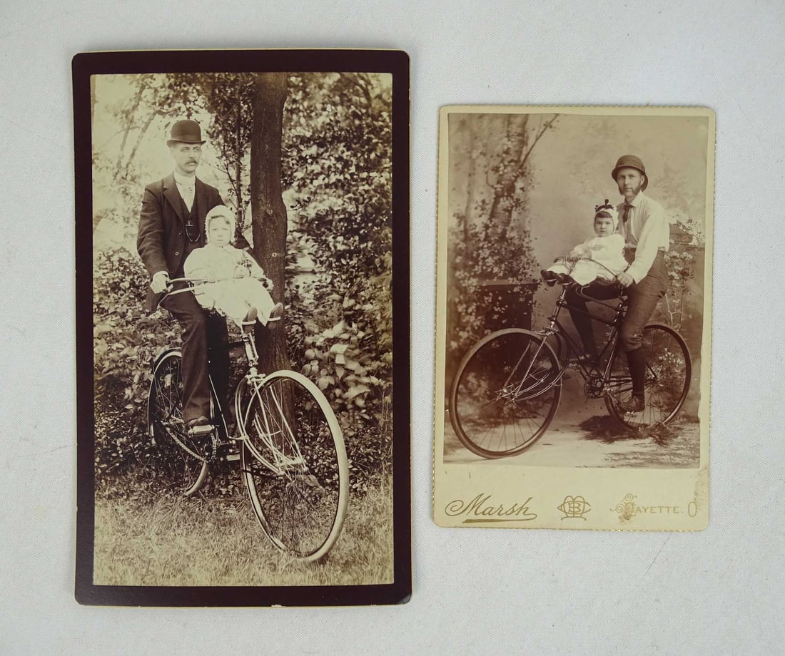 Bicycle Photograph Lot: Bicycle photograph lot: Man in helmet with baby on Victor spring fork hard tire safety, large image 5" x 8" of gent with baby on Victor Spring Fork HTS. Good condition. Glenn Eames Collection Burlingt