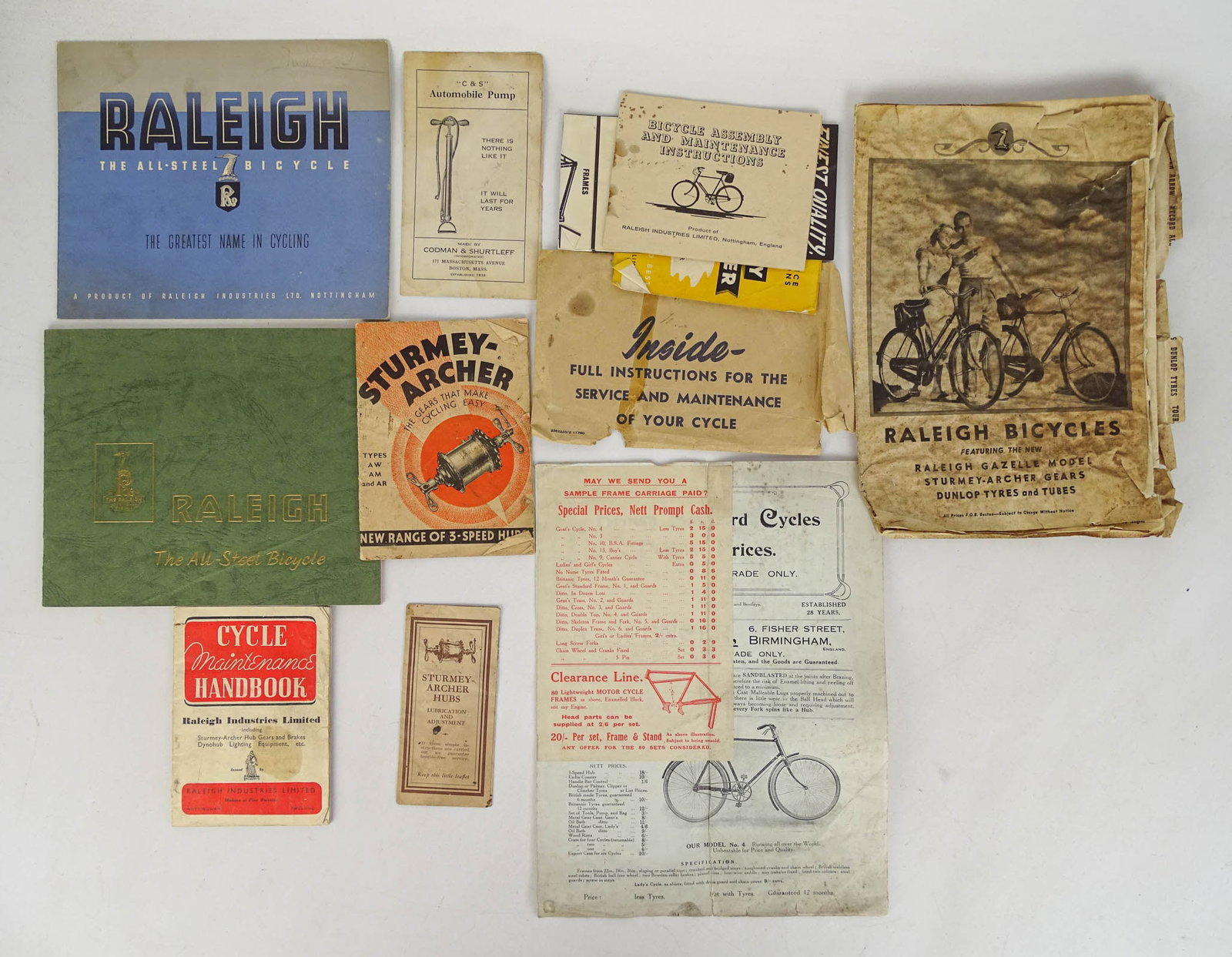 Raleigh Bicycle Catalogs: 2 1950's Raleigh catalogs, 1 distressed 1930's catalog misc Sturmey Archer papers. Paper for British cross frames 1930's. Good condition. Glenn Eames Collection Burlington Vermont.