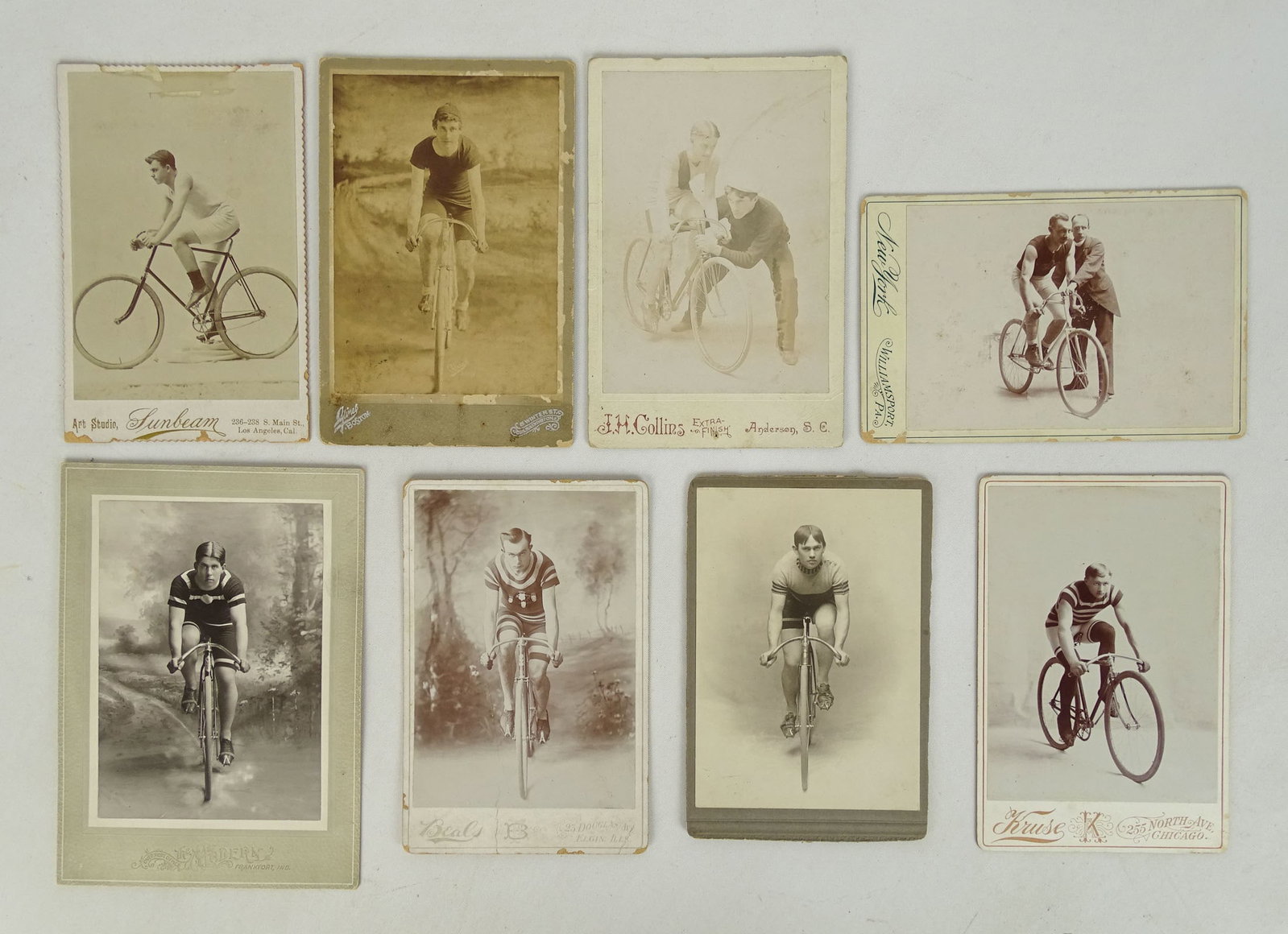Cyclist Cabinet Cards: Eight late 1890's cabinet cards of racing cyclists. Good condition. Glenn Eames Collection Burlington Vermont.